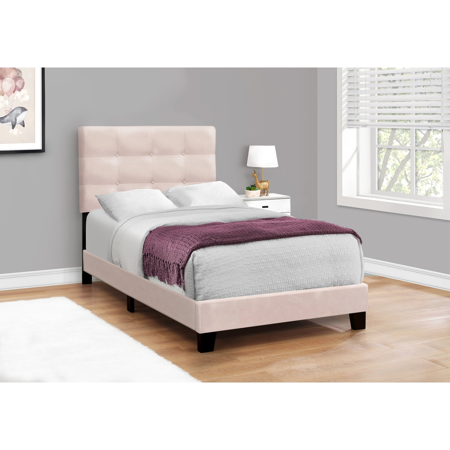 Bed - Twin Size - Upholstered - Bedroom - Frame Only - Youth - Pink Velvet