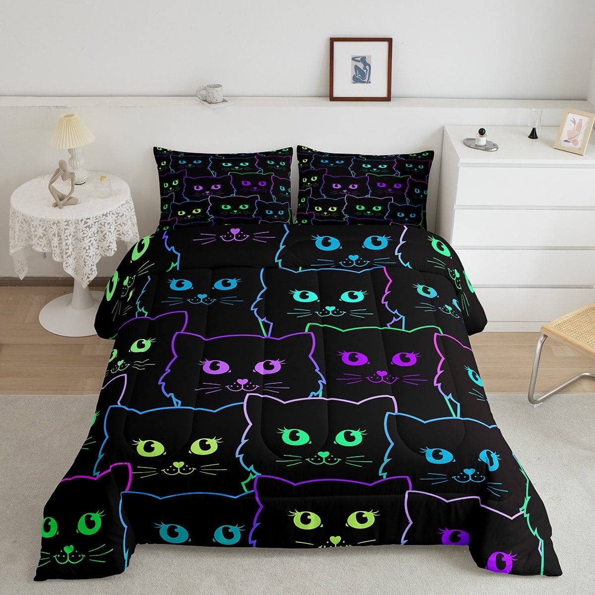 Bedding Sets Full Size Cats Comforter Set Cartoon Pet Animal Quilted Duvet Set Black Neon Kawaii Kitten Bed Comforter Set Teens Gradient Line Cat Gifts Duvet Insert 3Pcs