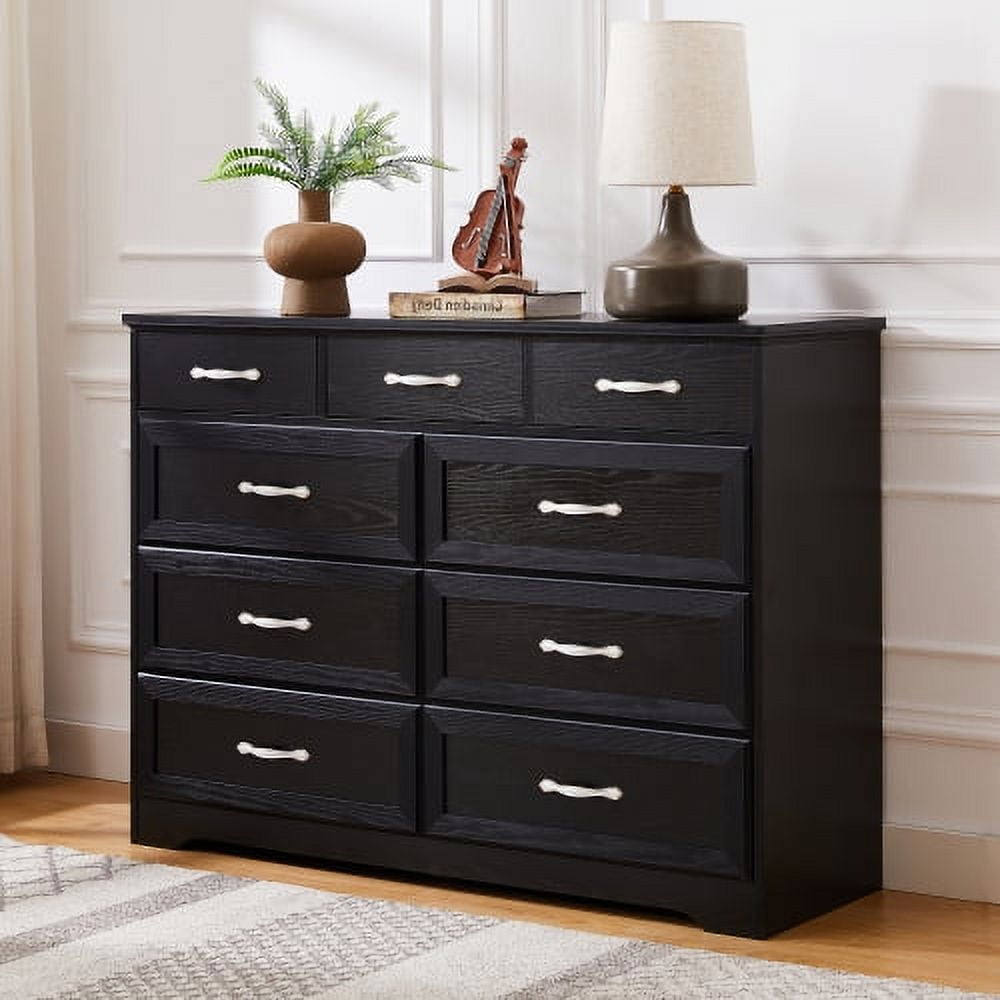 Bedroom dresser, 9 drawer long dresser with antique handles, wood Chest of Drawers for Bedroom, living room, entry and hallway, Black, 47.2''W x 15.8''D x 34.6''H