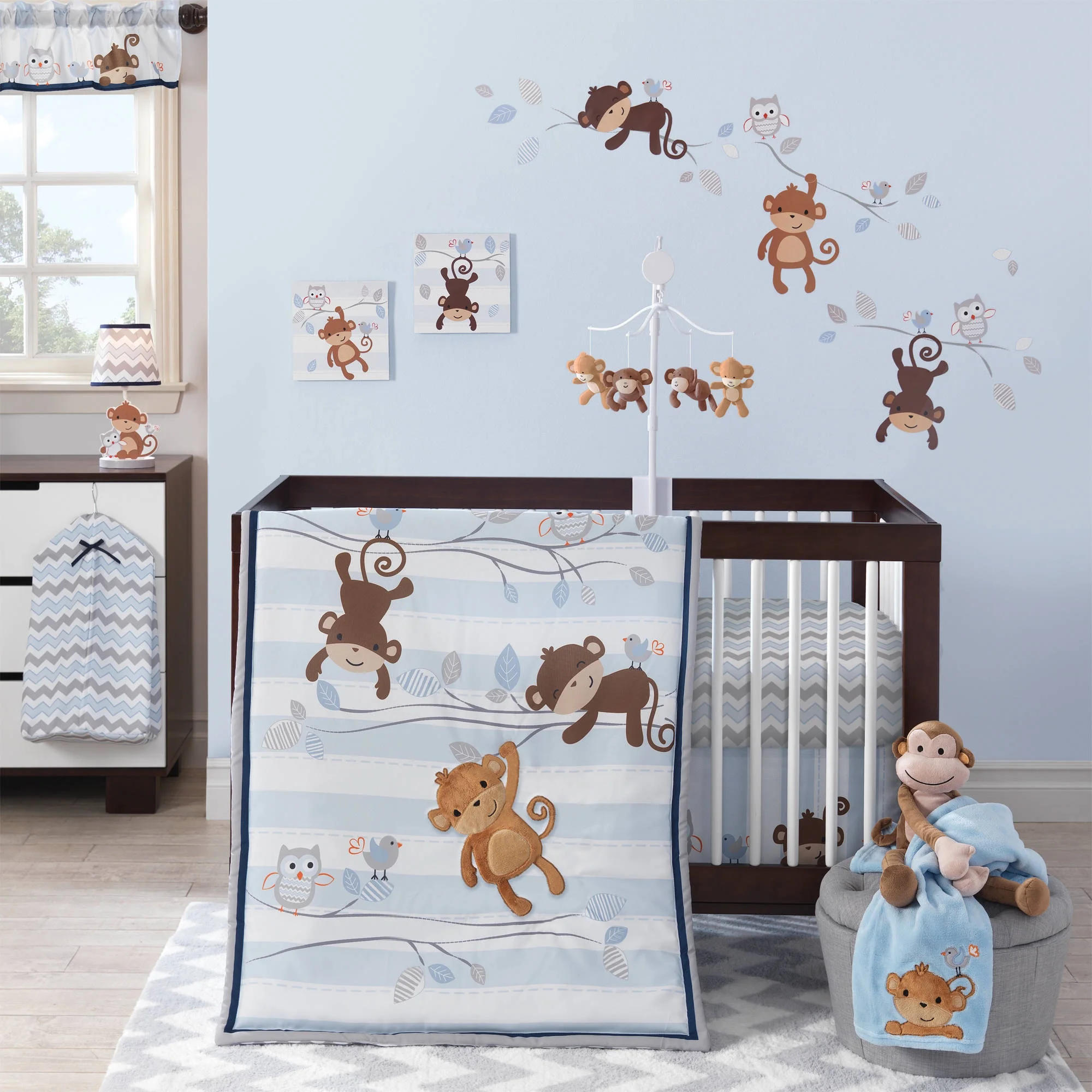 Bedtime Originals Mod Monkey 3-Piece Bedding Set - Blue, Gray, White, Animals