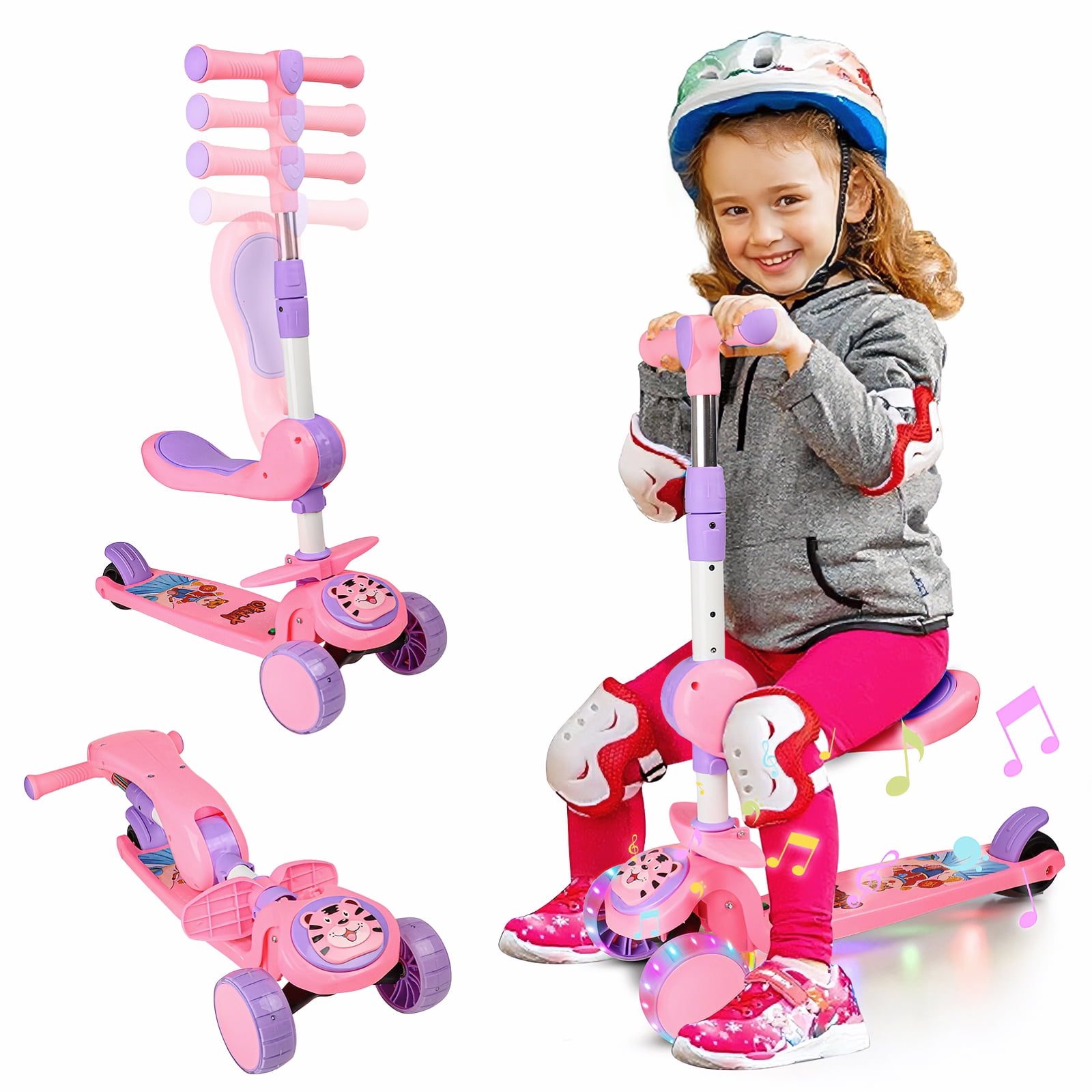Beefunni Pink Sit-and-Scoot Scooter for Girls, Adjustable Handlebar Kick Scooter, Wide Anti-Slip Deck, LED Flashing Wheels, Rotatable Saddle, Ideal Birthday Christmas Gift for Kids 2-8