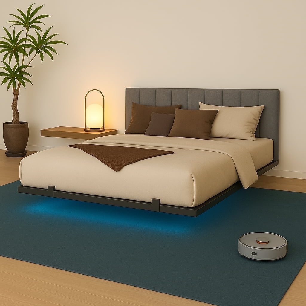 Behost Full Size Floating Bed Frame Upholstered with LED Lights and Built-in Charging Station, Metal Bed Frame, Gray