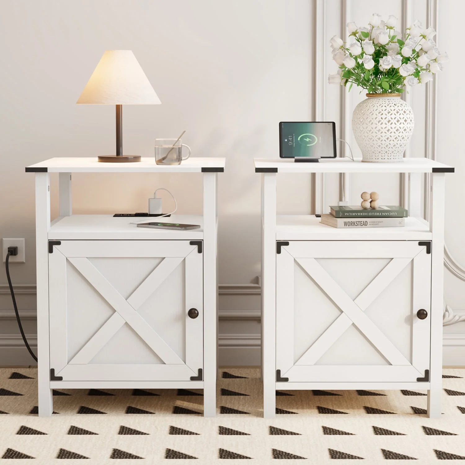 Behost Nightstand for Bedroom Set of 2, Farmhouse Small Bedside Table for Bedroom Furniture,White