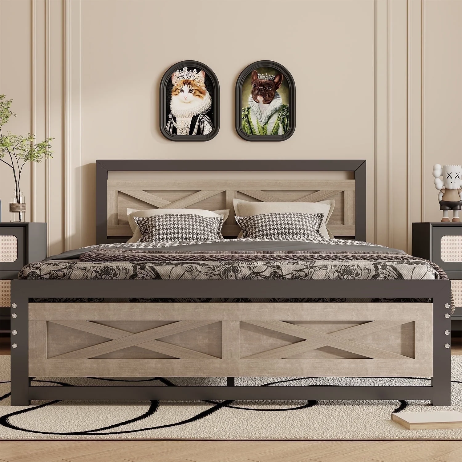 Behost Twin Bed Frame with Headboard and Underbed Storage, Metal Wood Platform Bed Frame Twin, No Box Spring Needed
