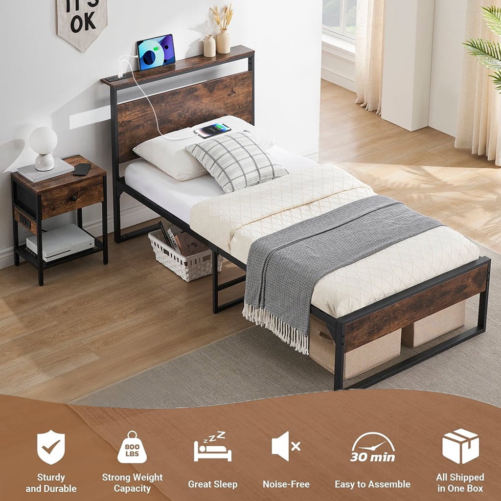 Behost 14" Twin Bed Frame with Headboard , Power Outlets Platform Beds for Bedroom, Rustic Brwon