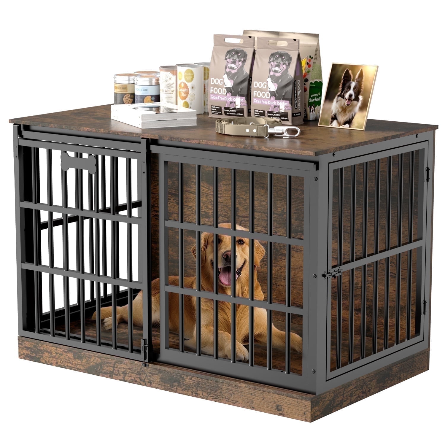 Behost 47.24" Heavy Duty Dog Crate Furniture with Sliding Door and Nameplate for Large Dogs Industrial Rustic Brown