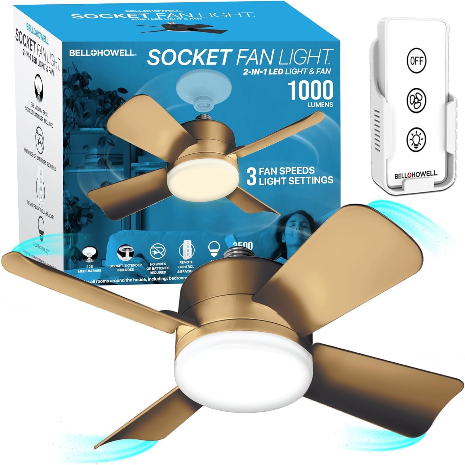 Bell+Howell 15'' Bronze LED Bulb E26 Screw Base Bedroom Socket Ceiling Fan with Remote Control