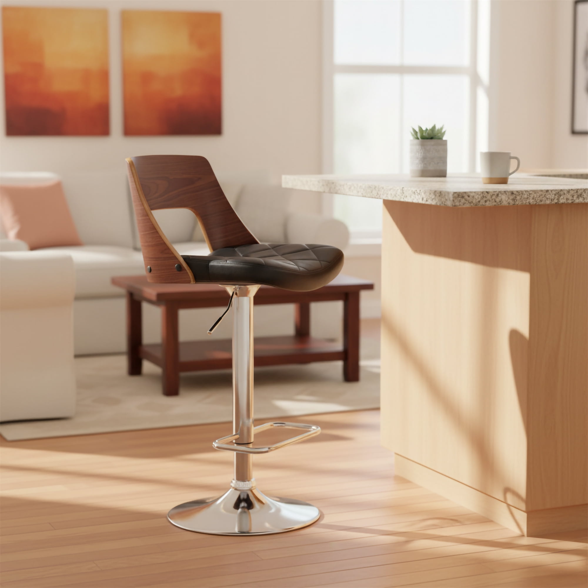 Bentwood Contemporary Modern Stylish Wood Back Adjustable Swivel Bar Stool with Diamond Quilted Finish Curved Seat and Back, Walnut/Black