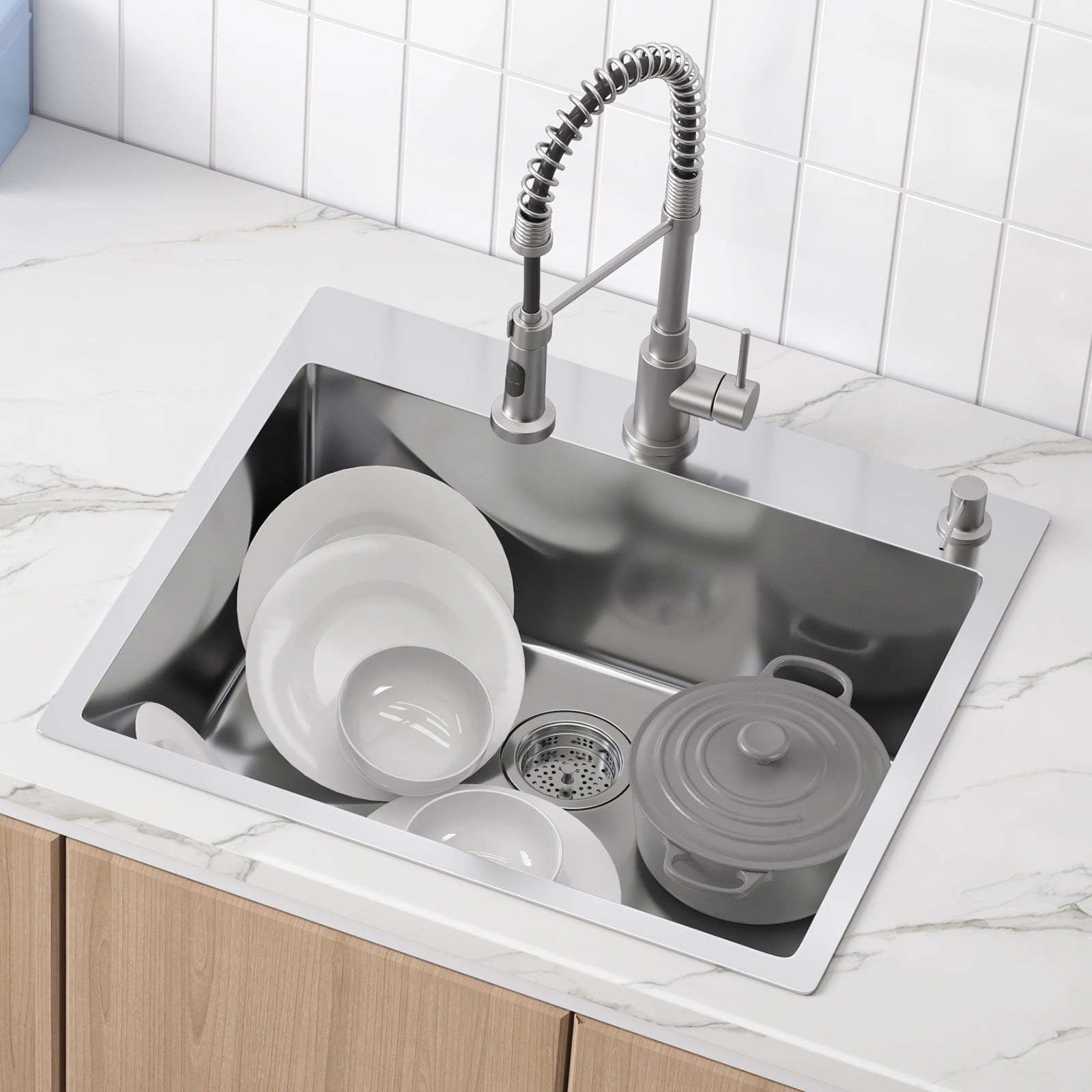 Bentism KM-SC-2302-SKU1 Silver 304 Stainless Steel 25 x 22 in Bowl Top Mount Sink