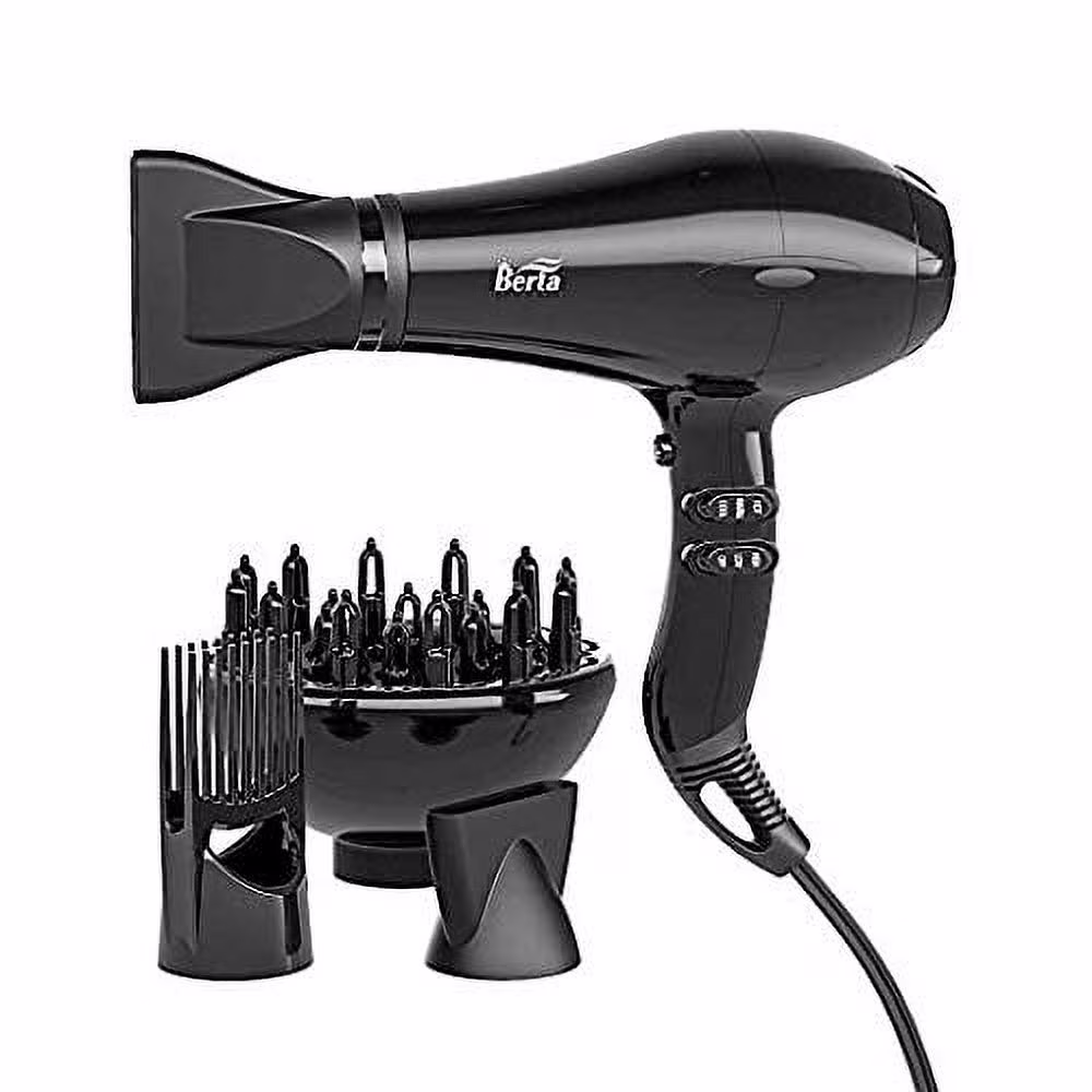 Berta 1875W Hair Dryer Negative Ionic Blow Dryer 4 Attachments, 2 Speed and 3 Heat Settings with AC Motor- Black (BERTA-H248I-BK)