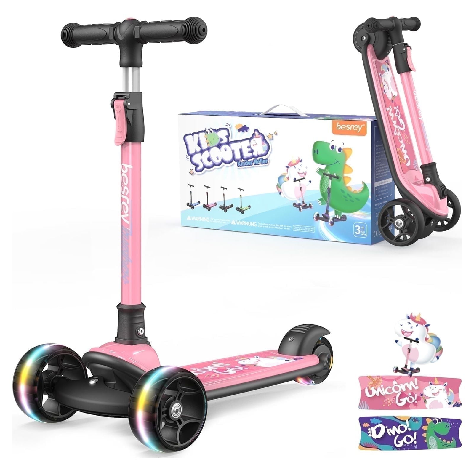 Besrey Kids Scooter 3 Wheel for Ages 3-10 Years Boys/Girls,Kick Scooter forToddler with LED Light Wheels and Adjustable Height,Pink