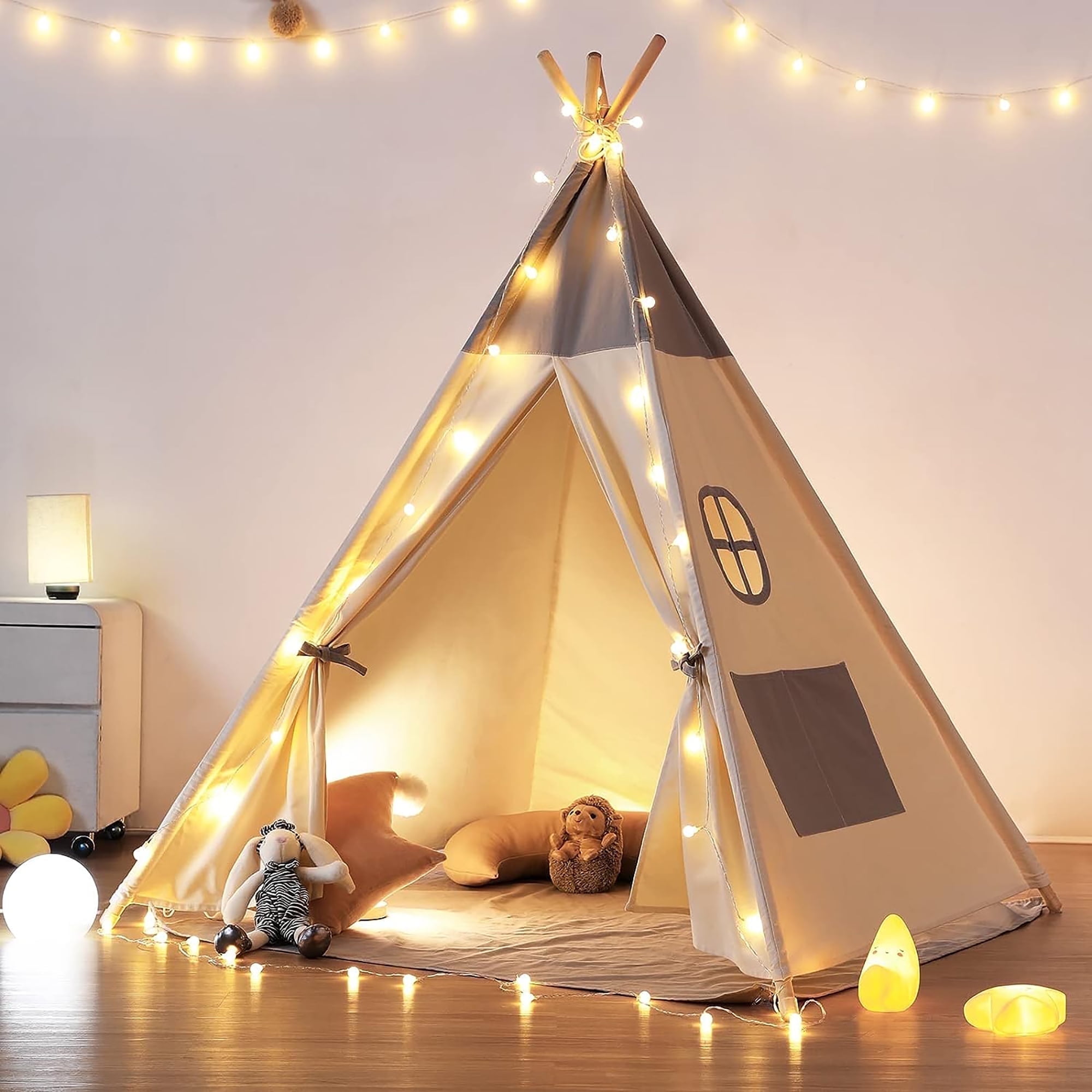 Besrey Teepee Tent for Kids with Light & Mat,Toddler Playhuose Tent for Ages 3+ Girls and Boys,Child Play Tent,Matt Grey