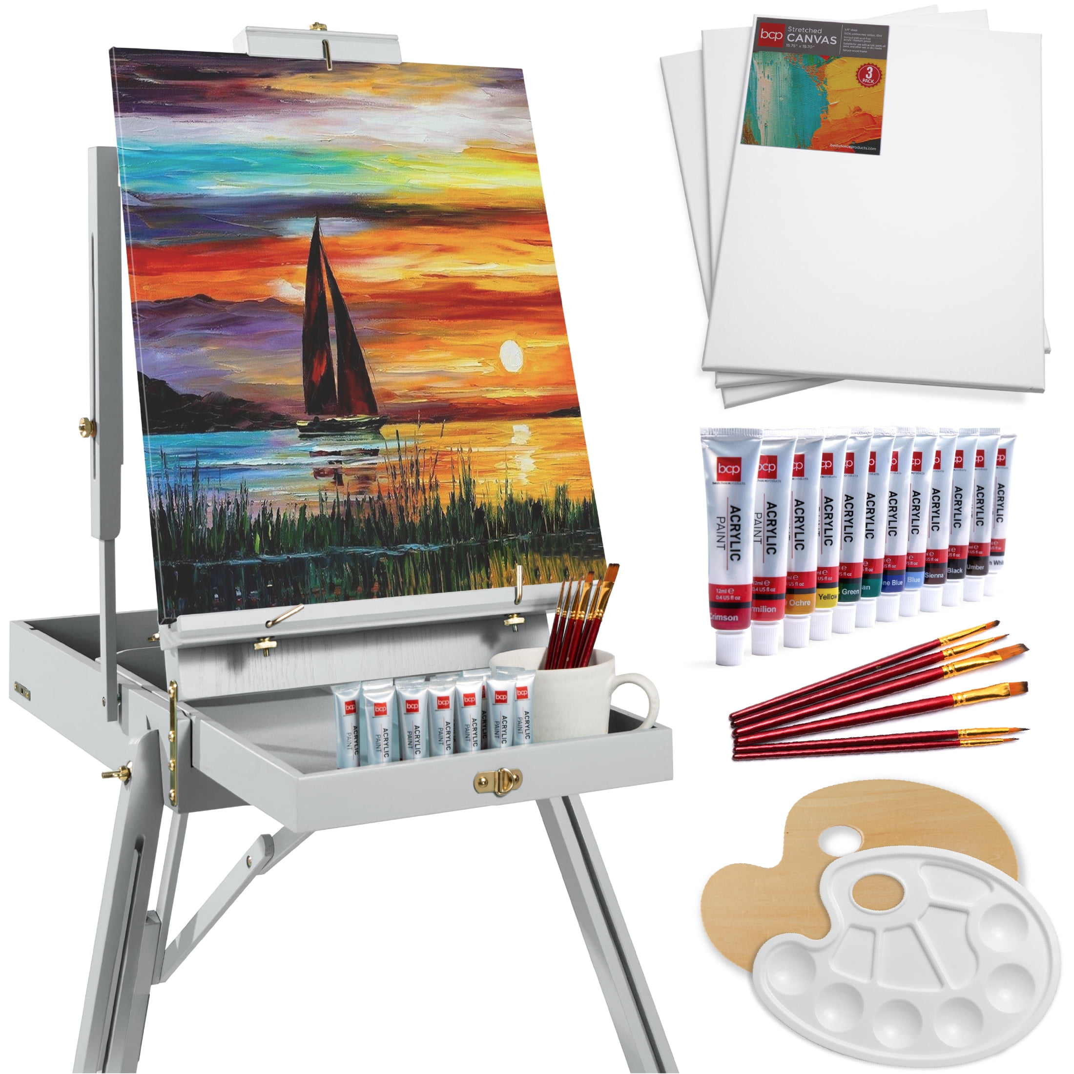Best Choice Products French Easel, 32pc Beginners Kit Portable Wooden Adjustable Tripod w/ Paint Supplies - Gray