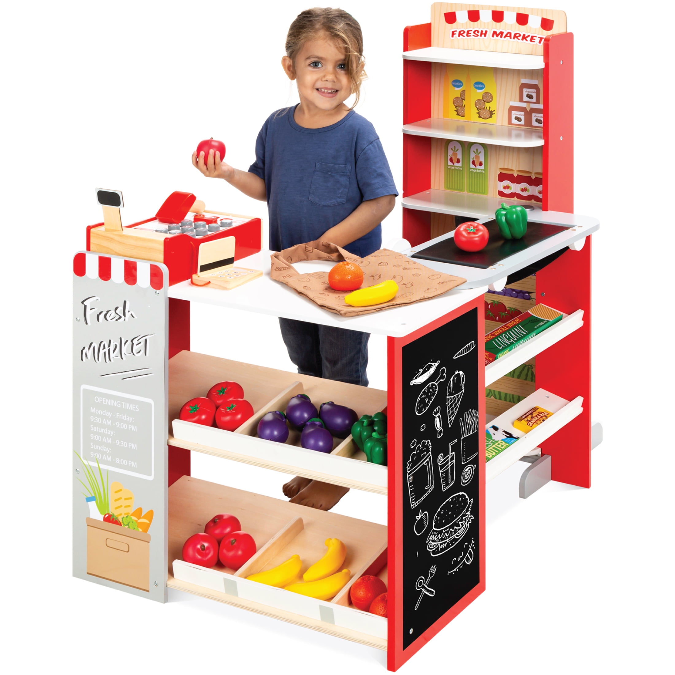 Best Choice Products Kids Pretend Play Grocery Store Wooden Supermarket Set w/ Chalkboard, Cash Register - Red