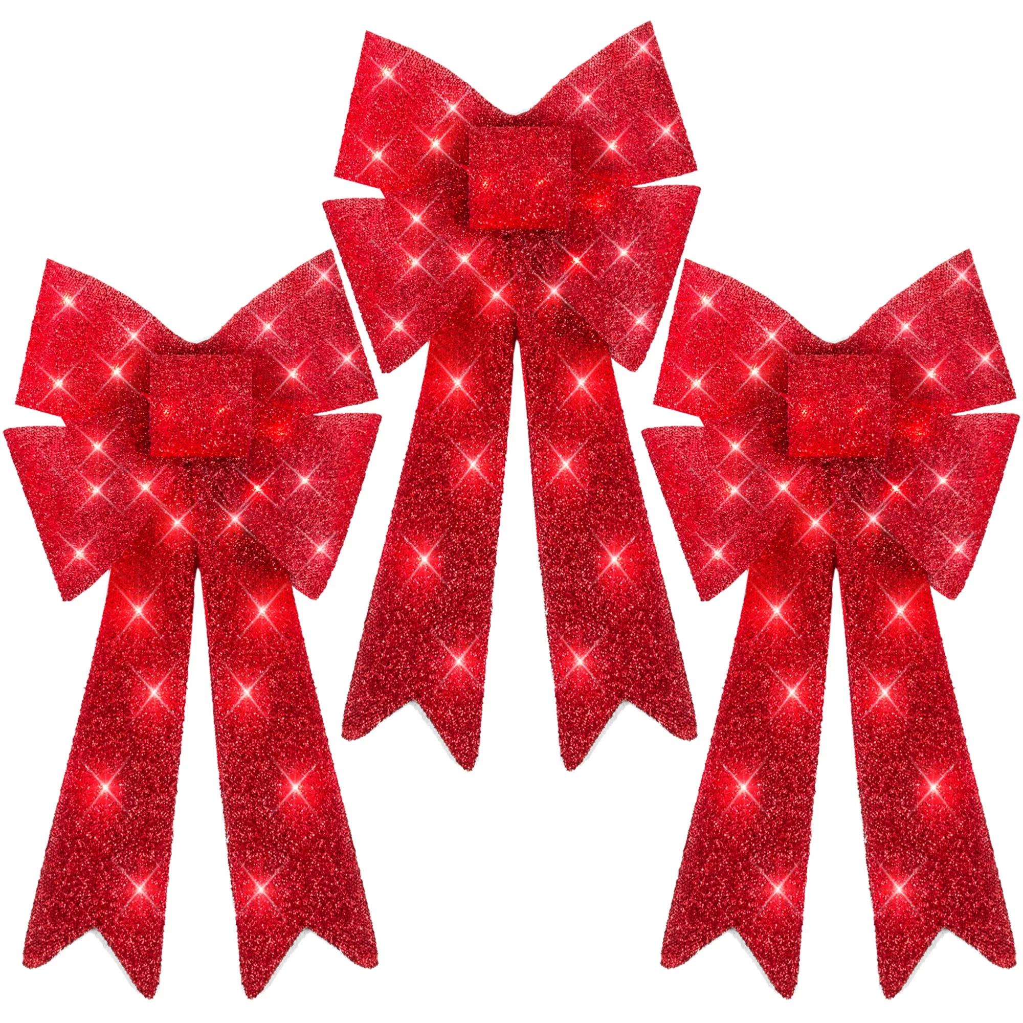 Best Choice Products Set of 3 Pre-Lit Christmas Bows, Indoor/Outdoor LED Holiday Decor w/ 8 Light Functions - Red