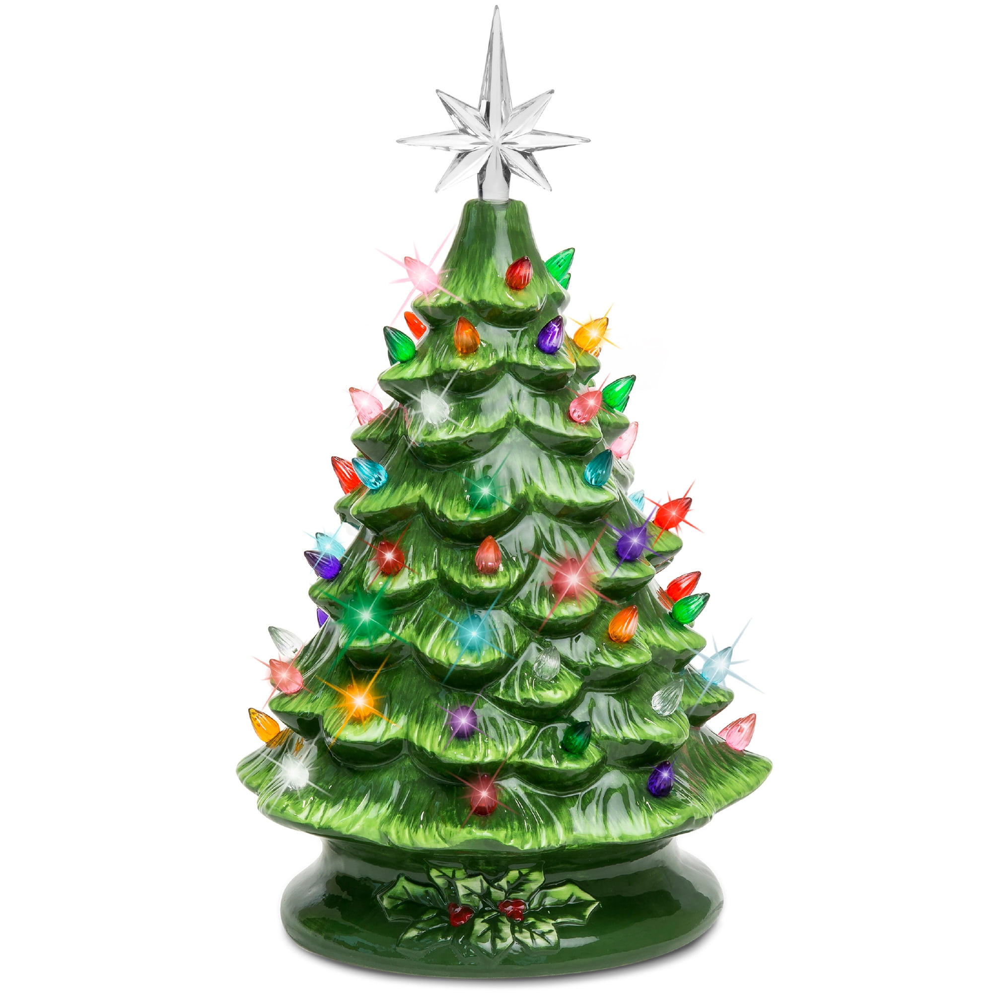 Best Choice Products 15in Ceramic Christmas Tree, Pre-lit Hand-Painted Holiday Decor w/ 64 Lights - Green w/ Multicolor Bulbs