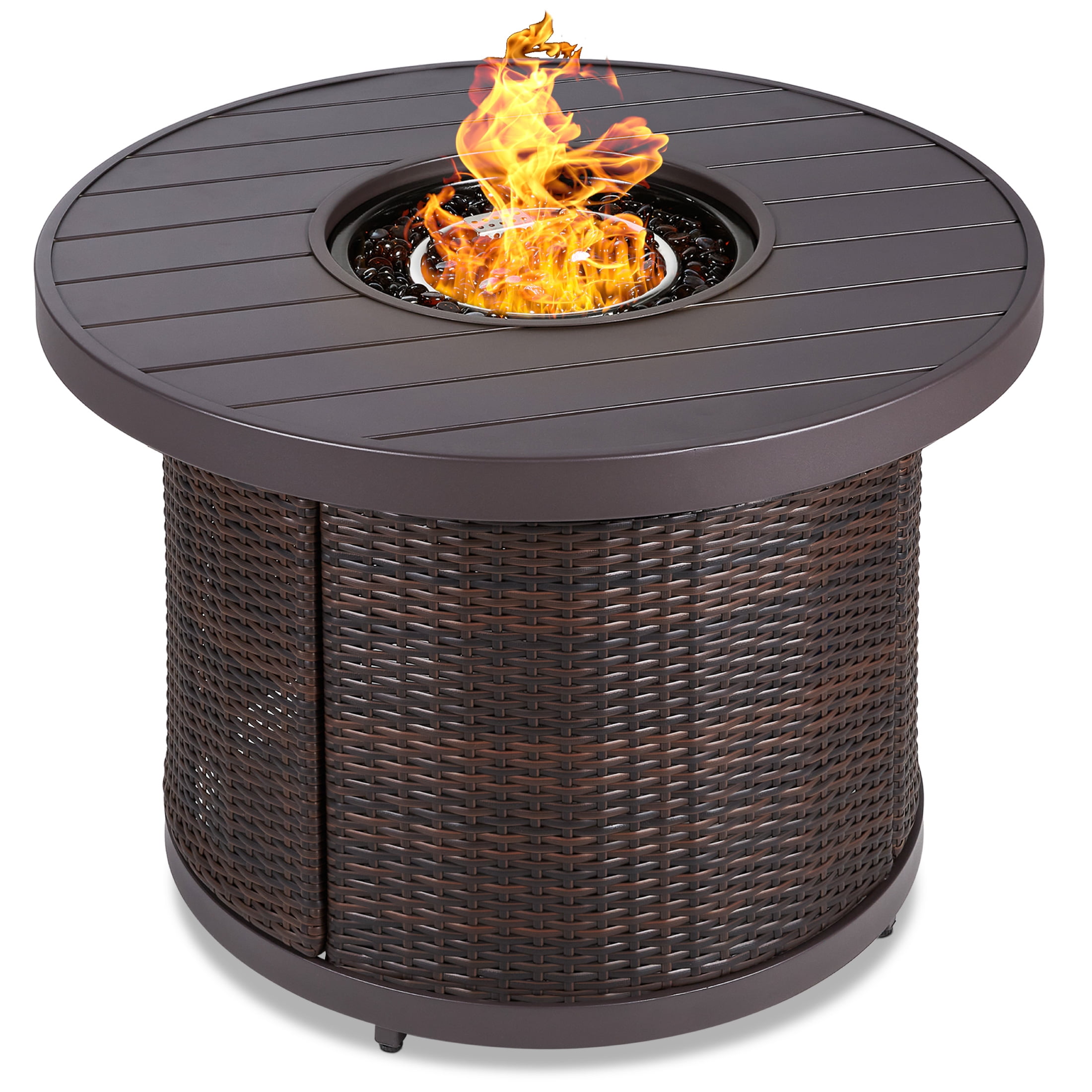 Best Choice Products 32in Round Gas Fire Pit Table, 50,000 BTU Outdoor Wicker Patio Propane Firepit w/ Cover - Brown