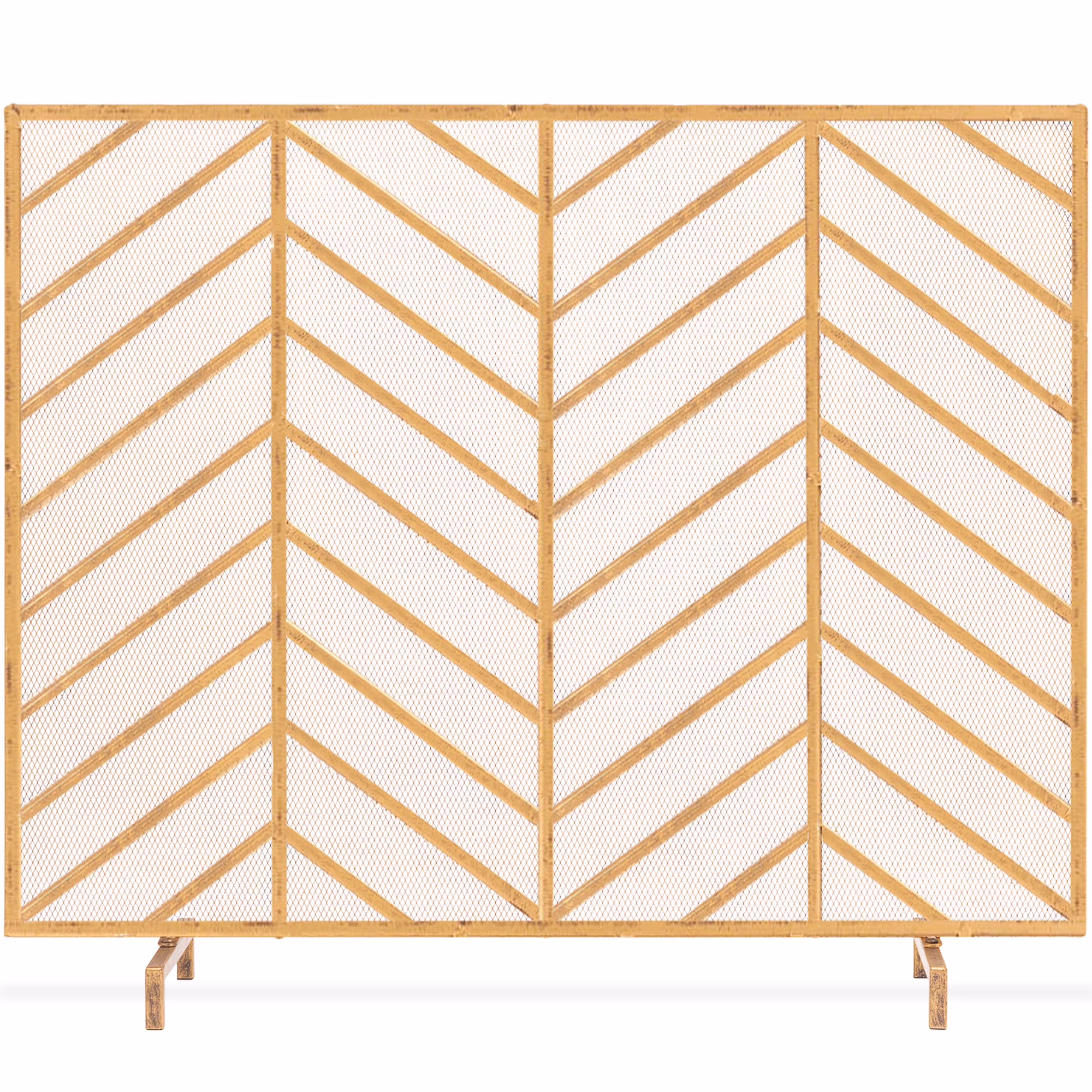 Best Choice Products 38x31in Single Panel Handcrafted Iron Chevron Fireplace Screen w/ Distressed Finish - Gold