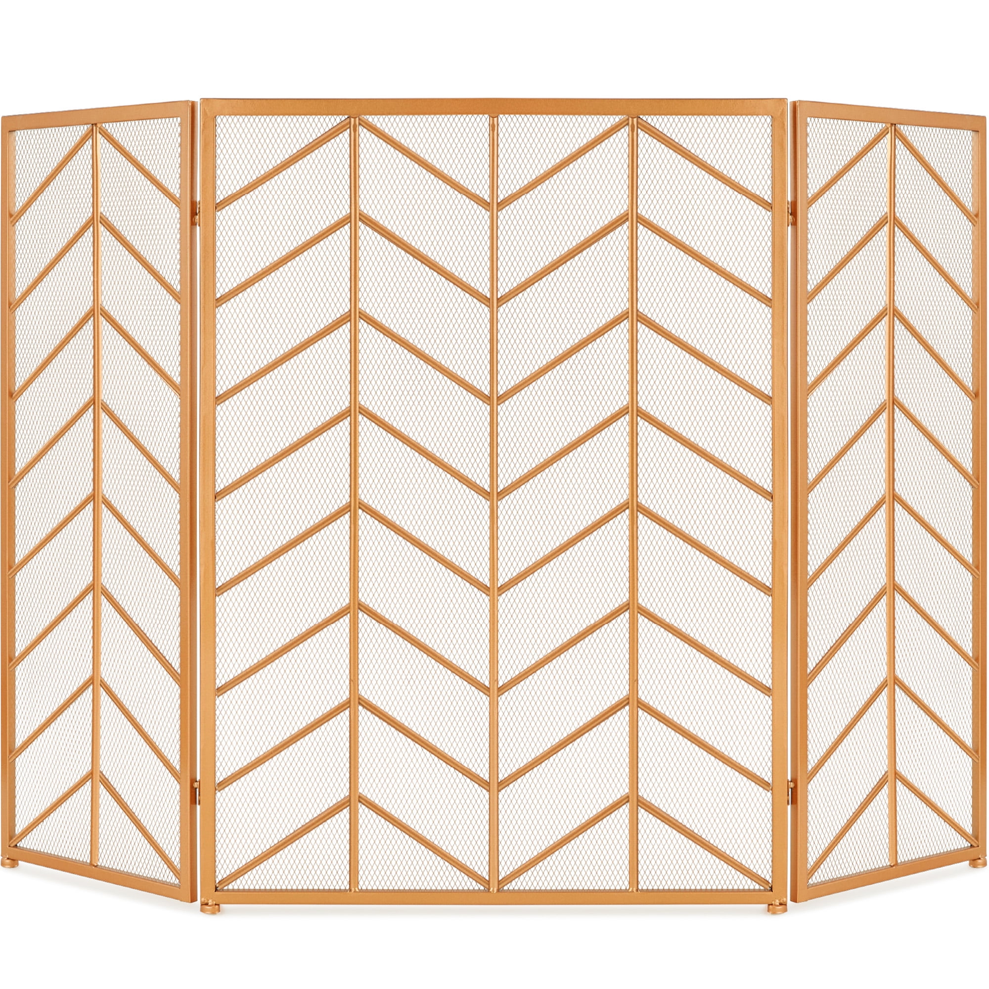 Best Choice Products 52x31in 3-Panel Iron Chevron Fireplace Screen, Spark Guard w/ Handles - Gold