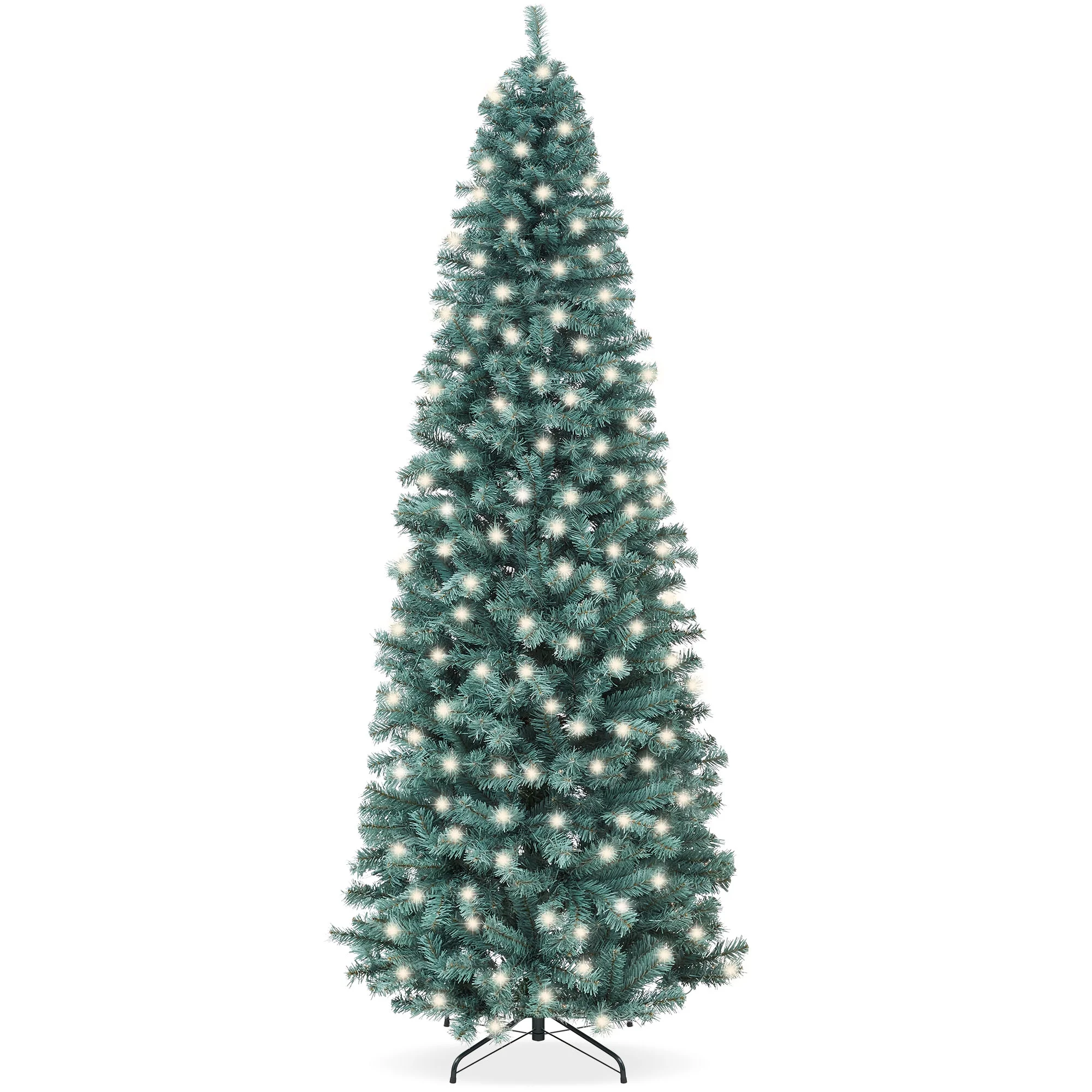 Best Choice Products 7.5ft Pre-Lit Blue Spruce Pencil Christmas Tree w/ Foldable Base, 315 Incandescent Lights