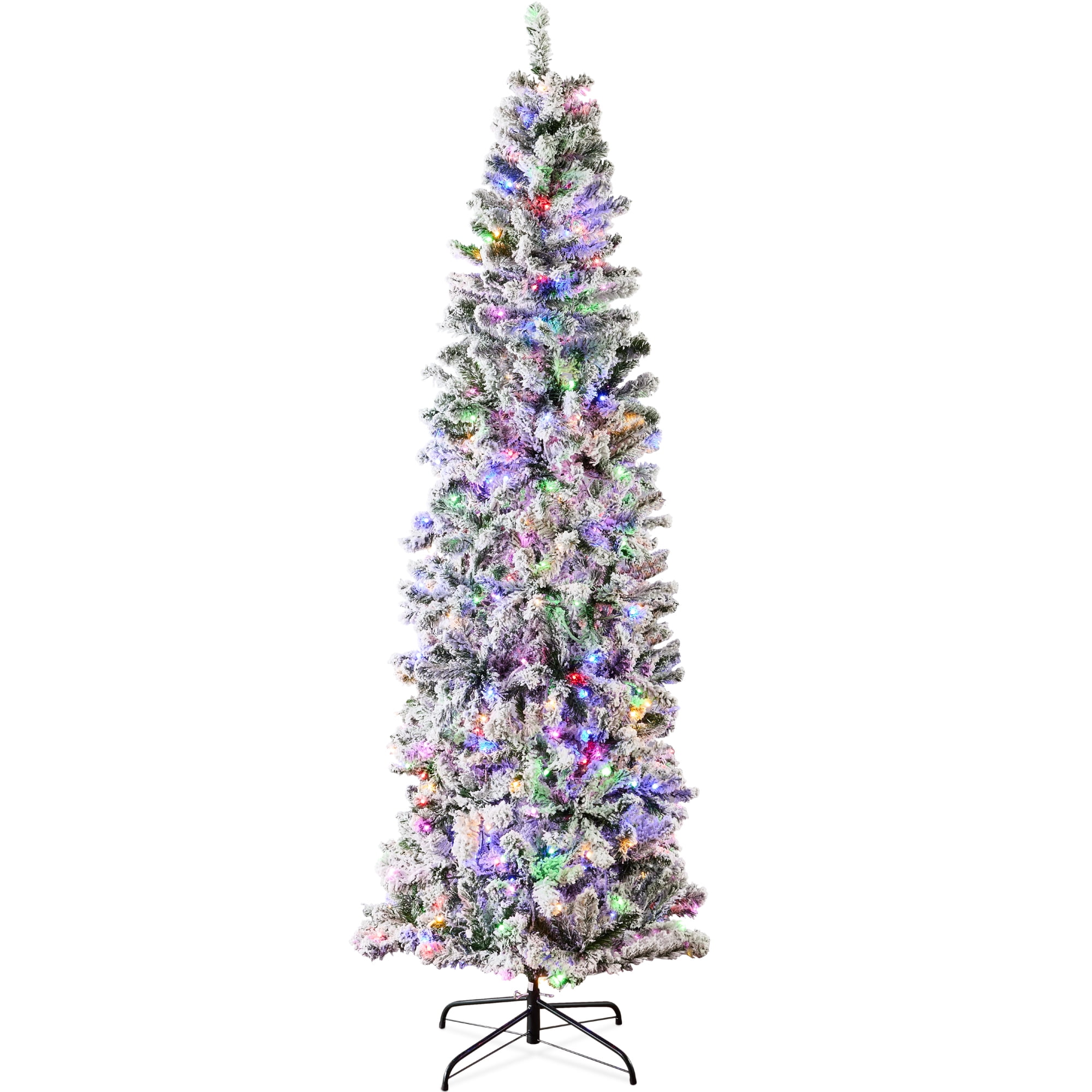 Best Choice Products 7.5ft Prelit Artificial Snow Flocked Pencil Christmas Tree 350 Multicolored/ Warm-White Light Modes