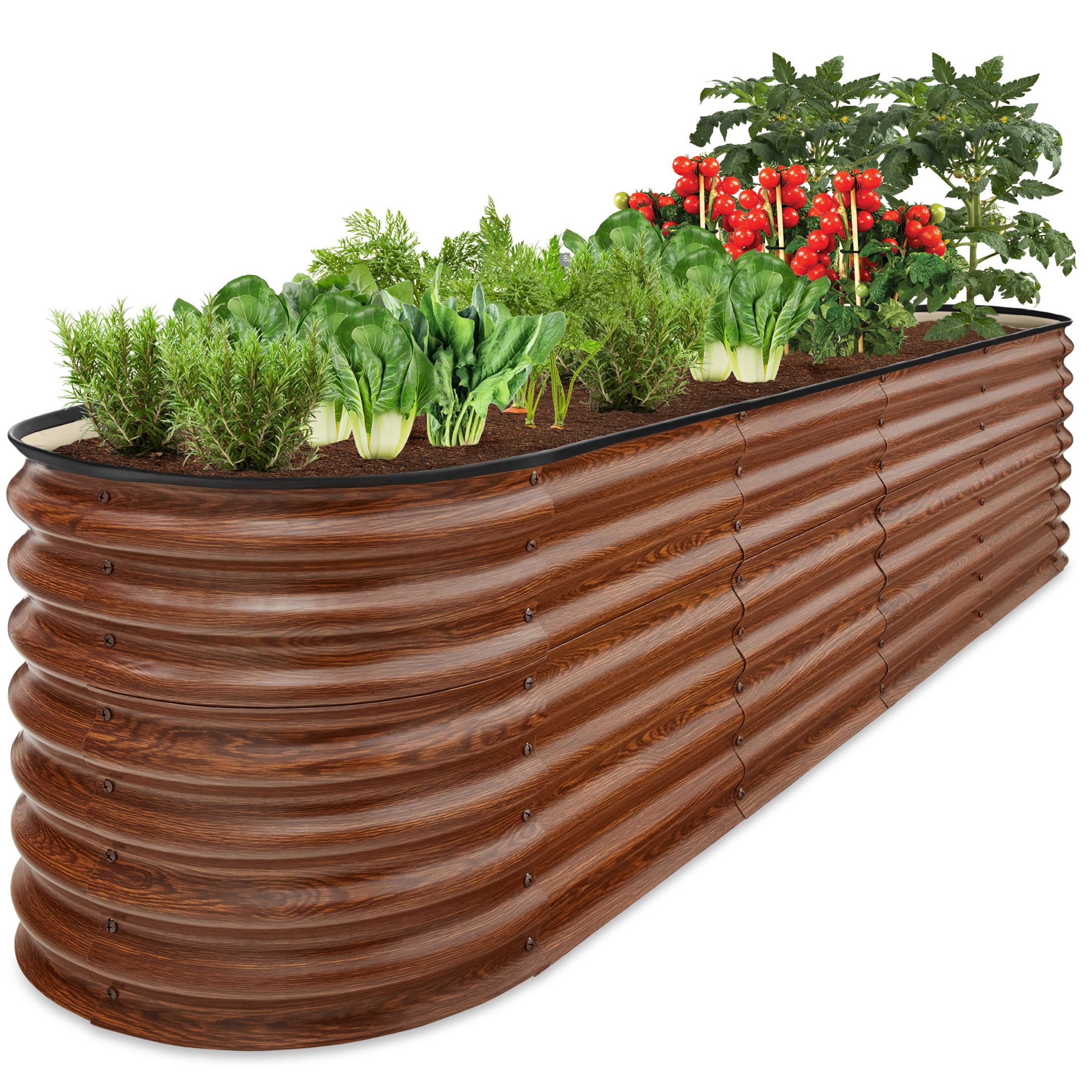 Best Choice Products 8x2x2ft Metal Raised Garden Bed, Oval Outdoor Planter Box w/ 4 Support Bars - Wood Grain