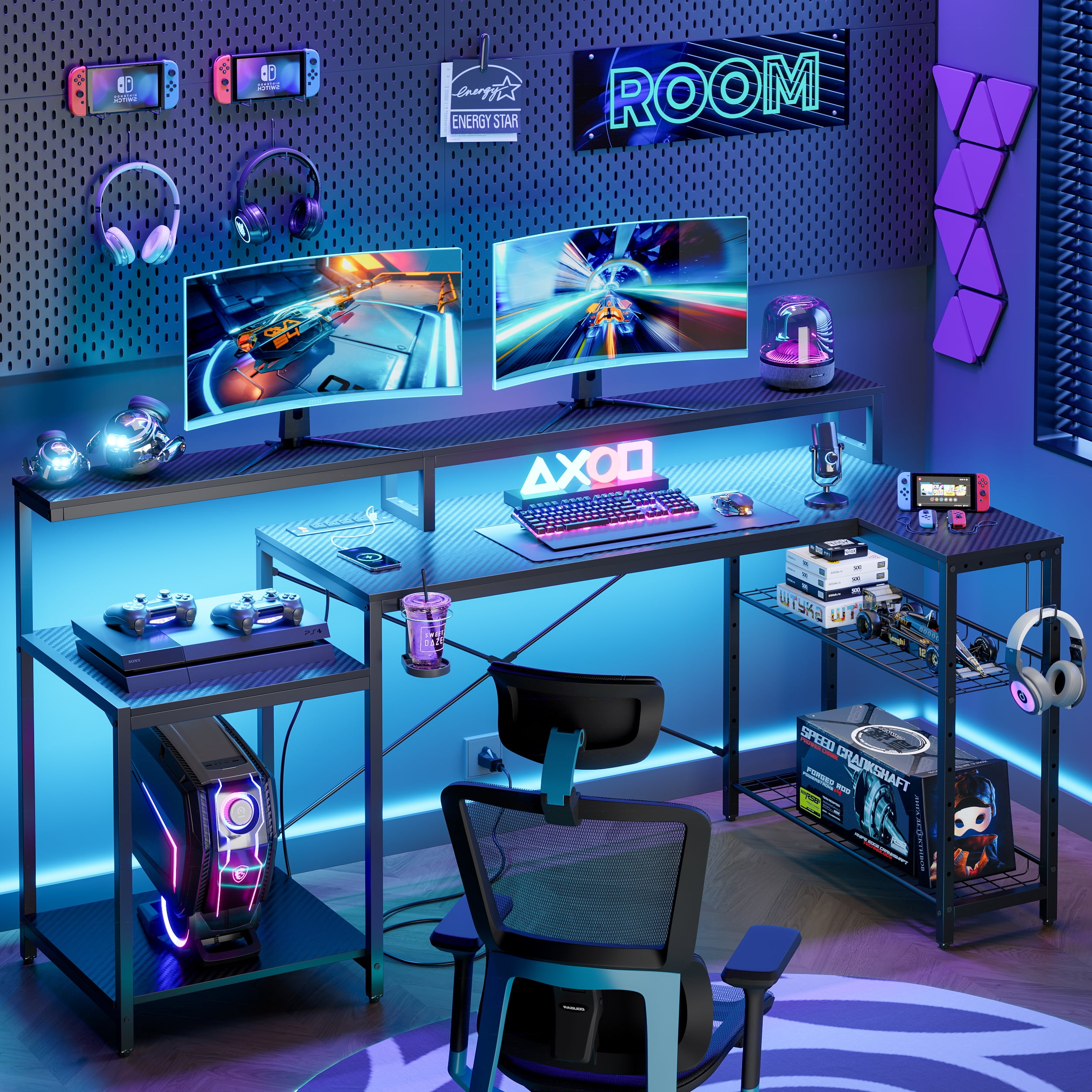 Bestier Collection L Shape Large Power Outlet and Adjustable Shelf Gaming Desk, Black