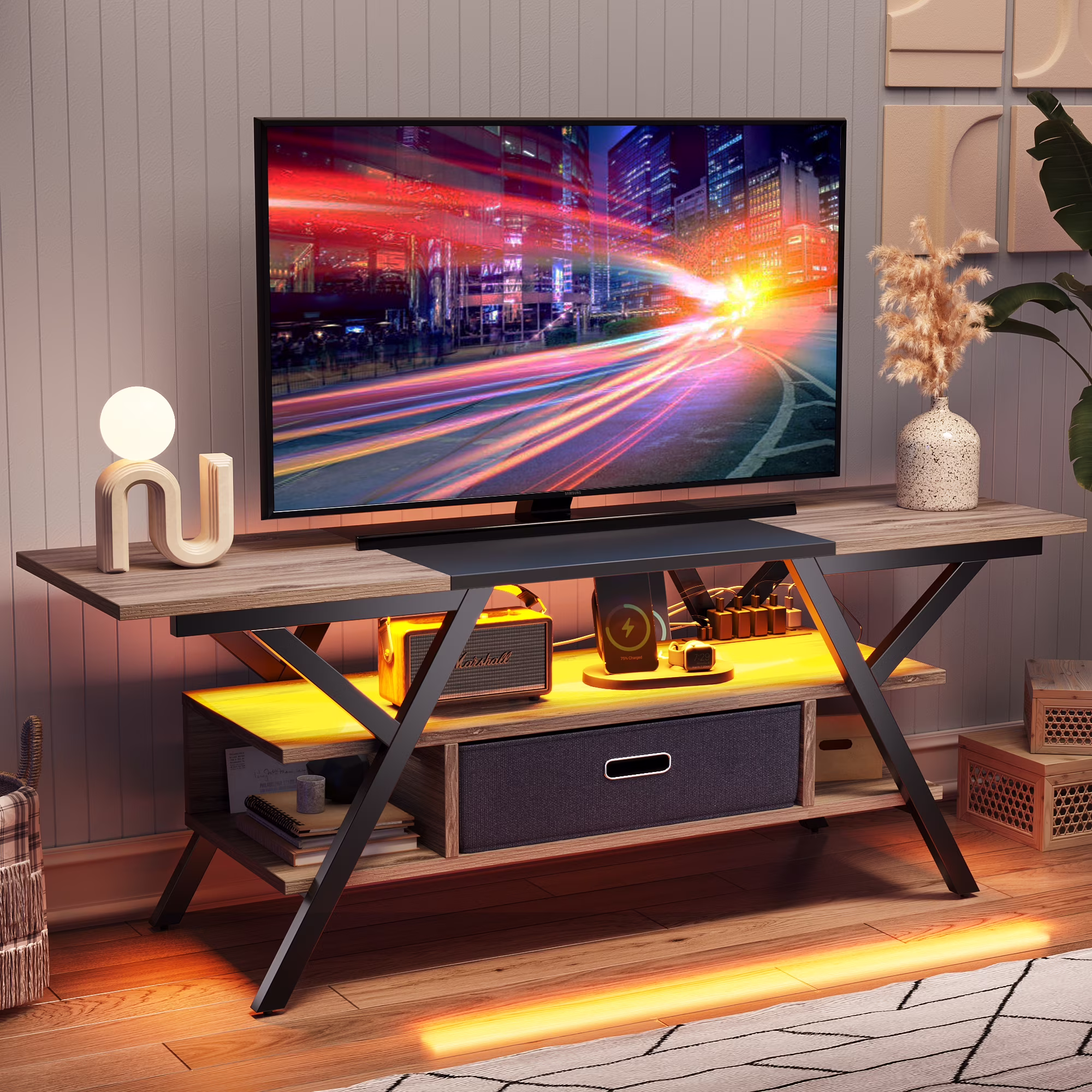Bestier Gaming TV Stand with LED Light for TVs Up to 65 Inches with Power Socket, Pinewood