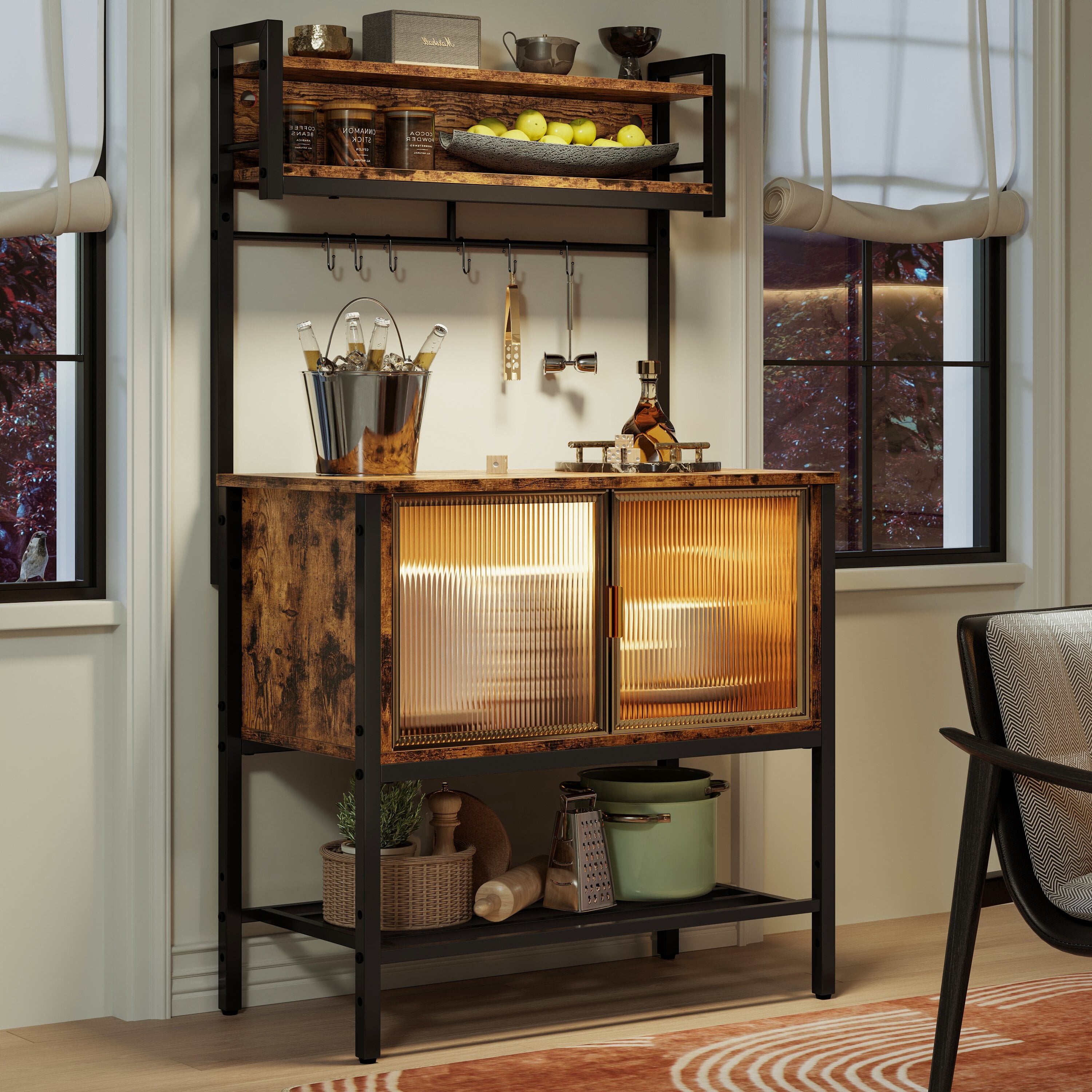 Bestier 59" Coffee Bar Station with Cabinets, 5-Tier Microwave Stand with Storage & LED Lights, Kitchen Bakers Rack in Rustic Brown