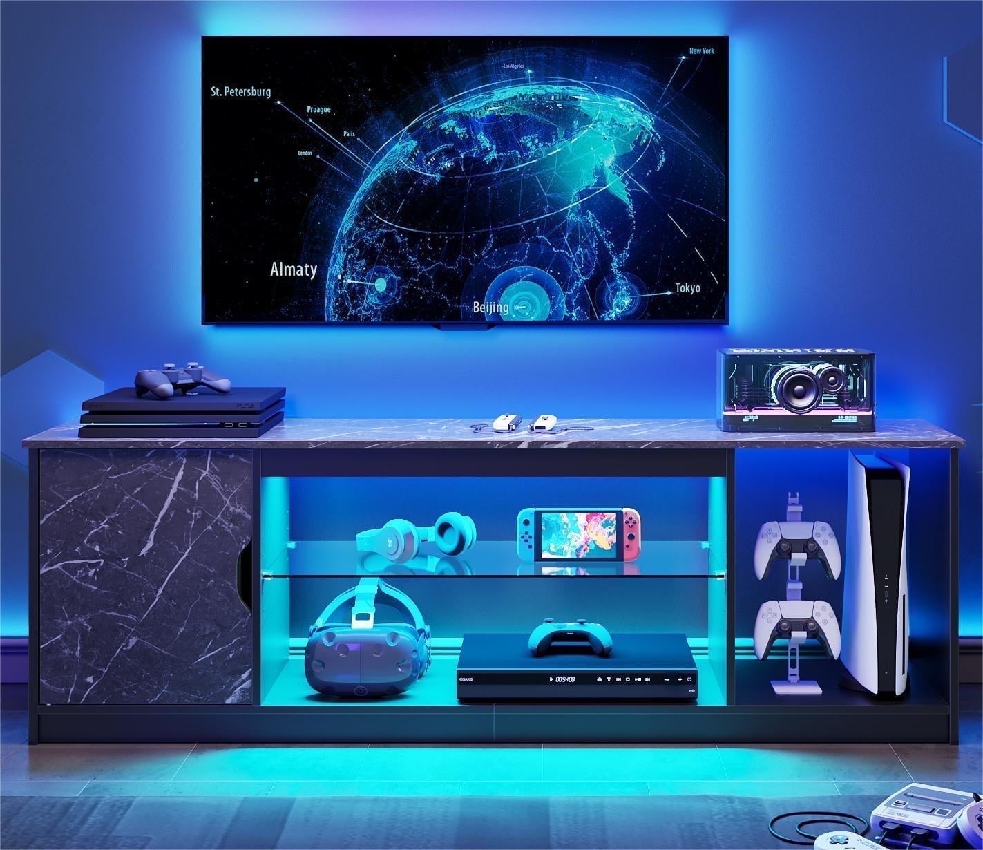 Bestier LED TV Stand for 60/65 inch TV PS5 Gaming Entertainment Center for TVs with Storage Cabinet for Living Room, Black Marble