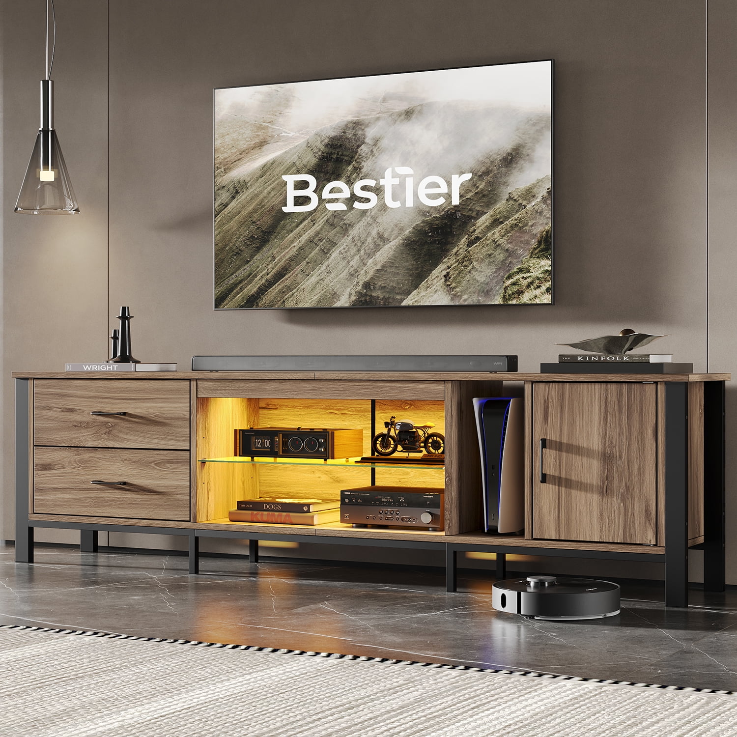 Bestier Modern LED TV Stand for TVs up to 90" with Temper Glass Shelf, Drawers and Cabinet, Pinewood