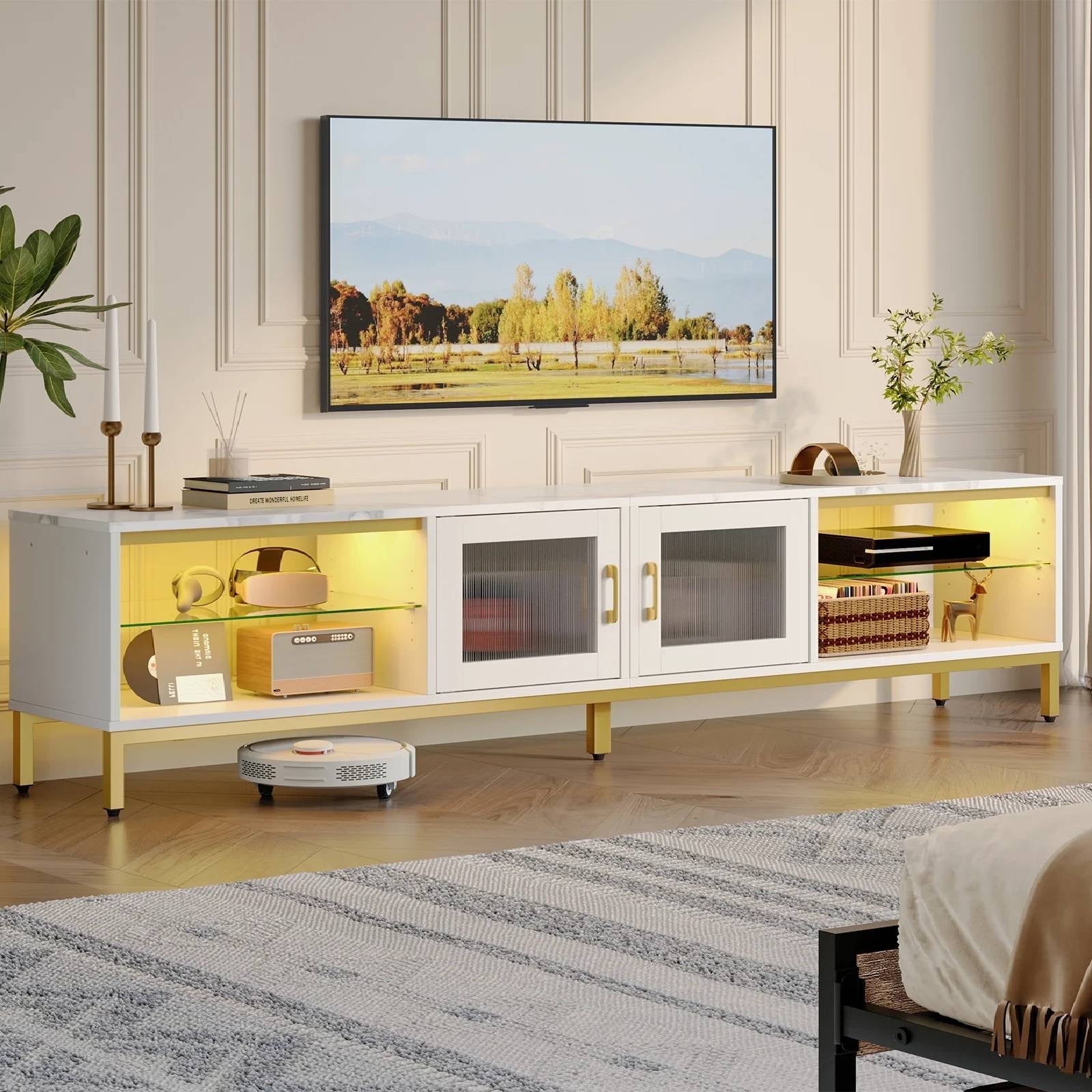 Bestier LED TV Stand for TVs up to 65"/75"/80/85", 80" Entertainment Center with Glass Movable Laminates & High Cabinet Legs for Living Room, White