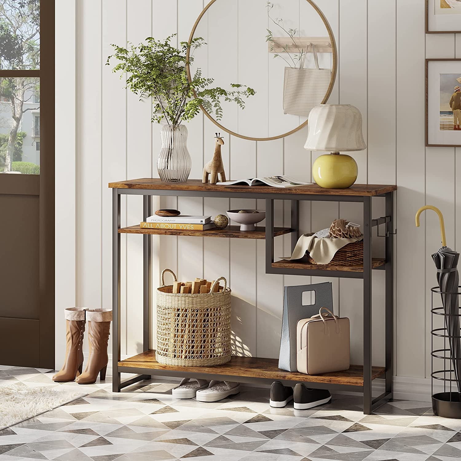 Bestier Narrow Console Table, Rustic with 4 Storage Shelves and 2 Hooks, Perfect for Living-rooms and Hallways