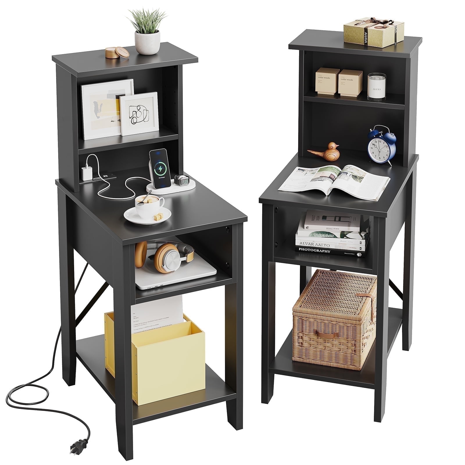 Bestier Nightstand for Bedroom Set of 2 with Charging Station, Bedside Table with USB Ports and Outlets, Black