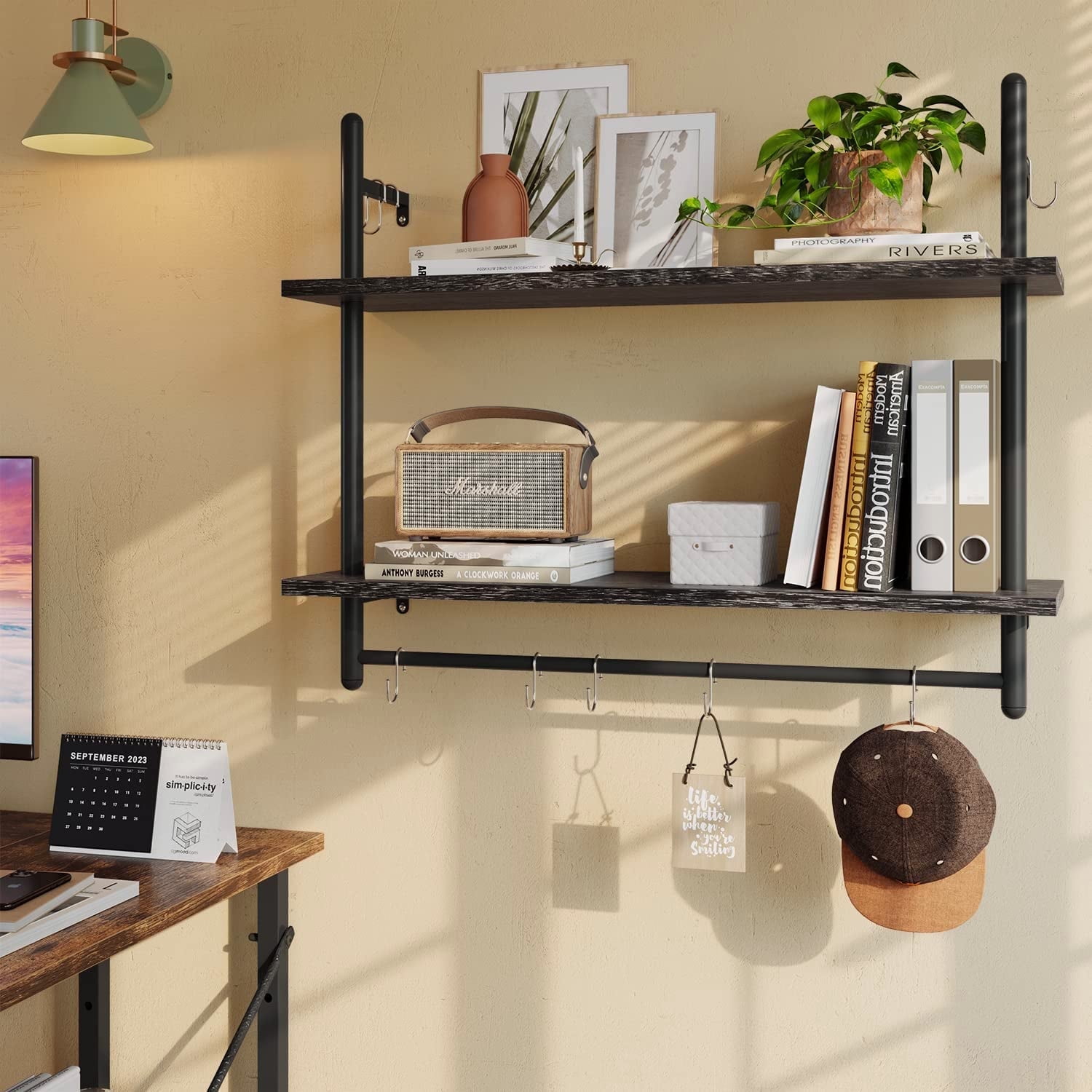 Bestier Pipe Shelf Industrial Floating Shelving 31" Kitchen Wall-Mounted Shelf in Charcoal