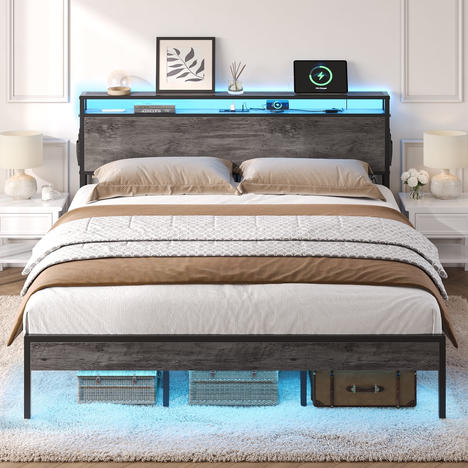 Bestier Queen Size Platform Bed Frame with Led Storage Headboard Charging Station and Bedside Caddy, Grey