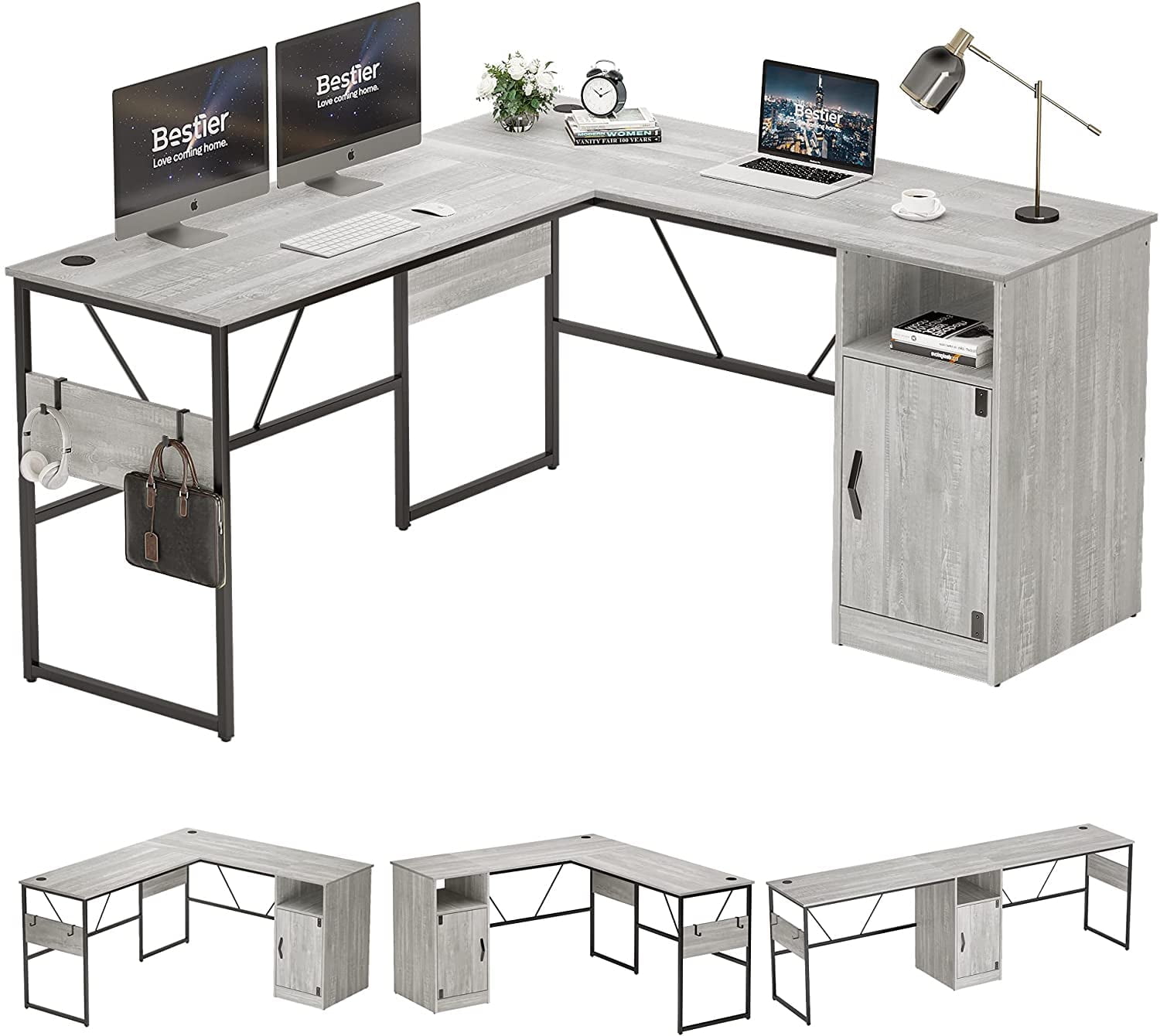 Bestier Reversible 60" L Shaped Computer Desk with Storage Cabinet Long Desk for 2 Person Wash White