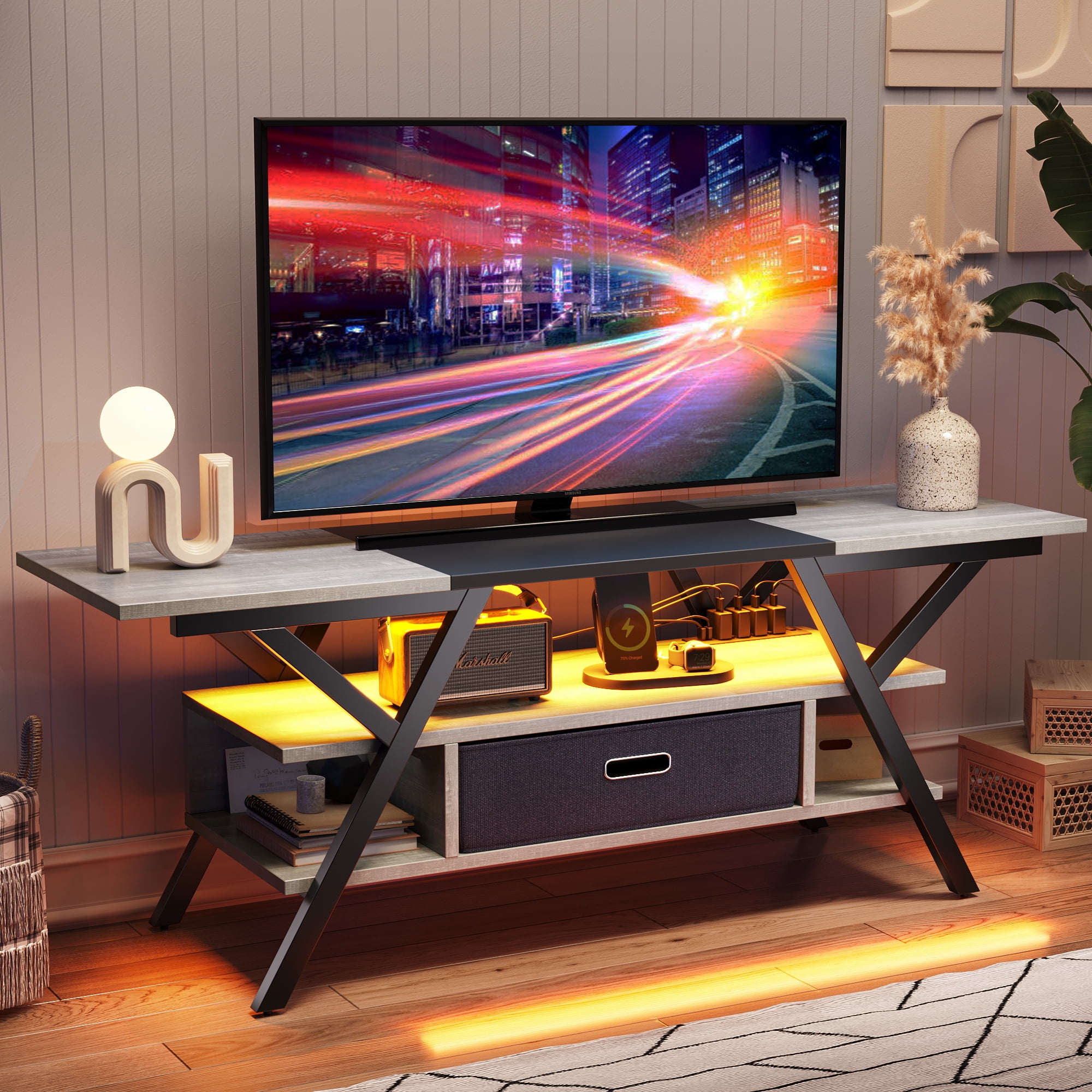Bestier 55" TV Stand with Power Outlets Gaming Entertainment Center with LED Light, Wash White