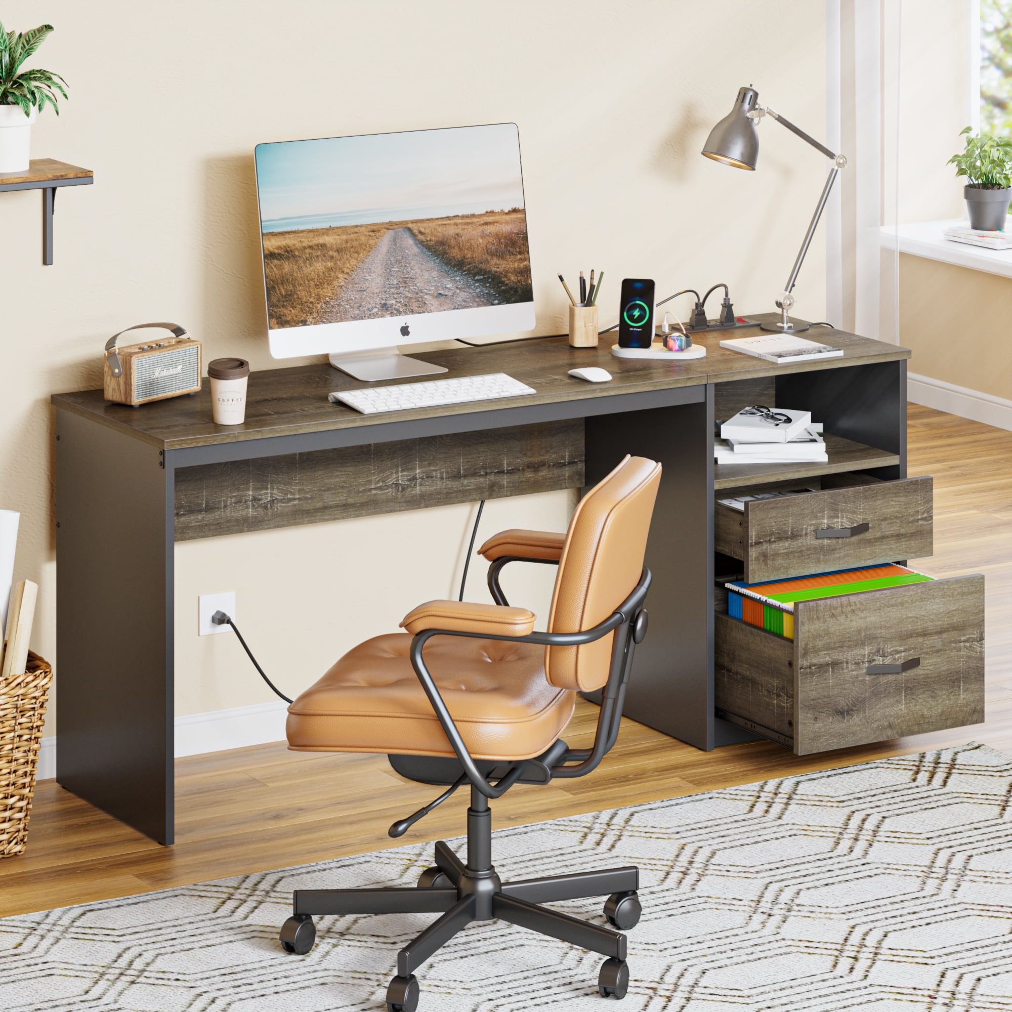 Bestier 60" L Shaped Desk with Power Outlets & Drawer, Lift Top Corner Computer Desk with Storage Shelves, Large Workstation for Home ,Gray