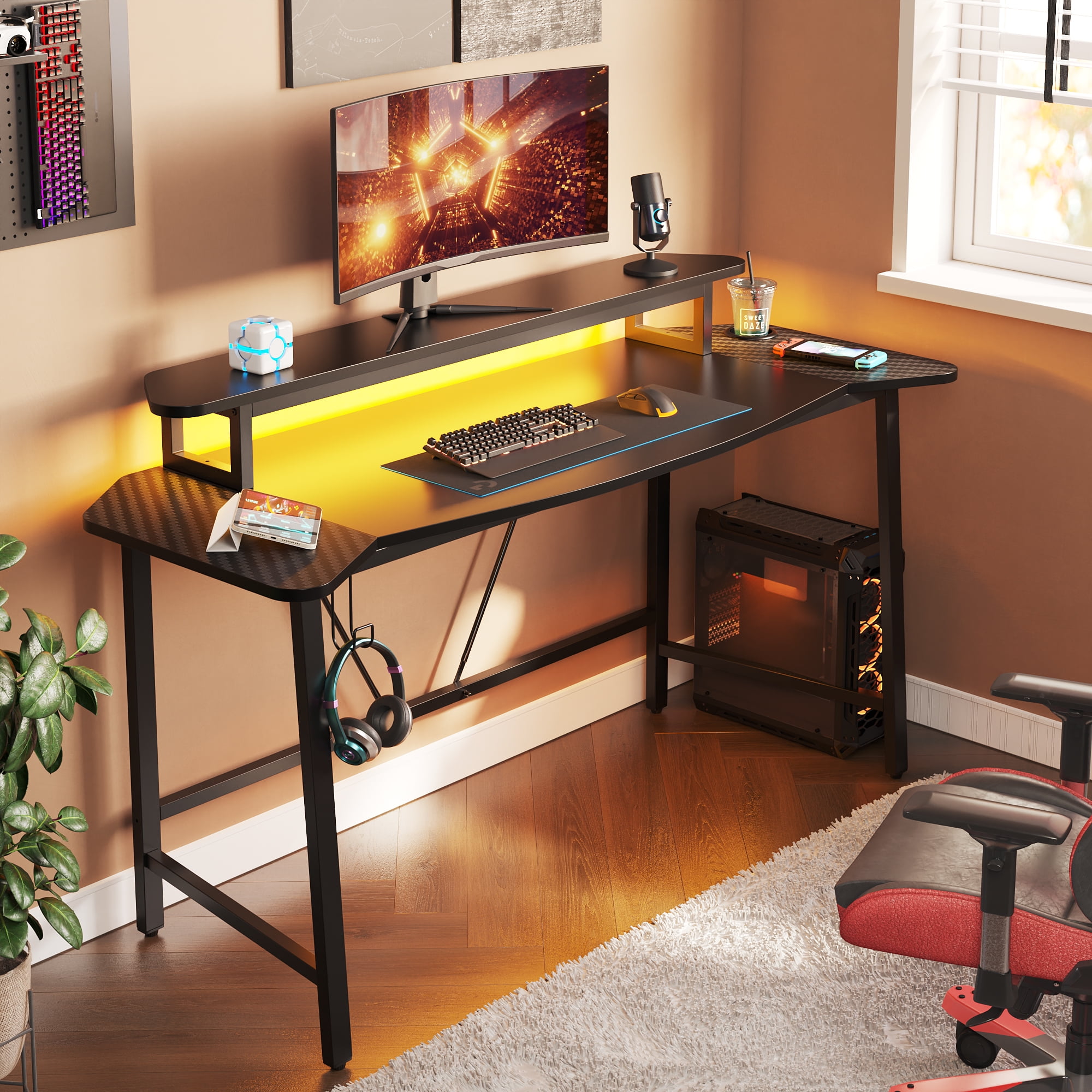 Bestier Gaming Desk 63" Ergonomic Computer Table with LED Lights Monitor Stand Cup Holder, Black