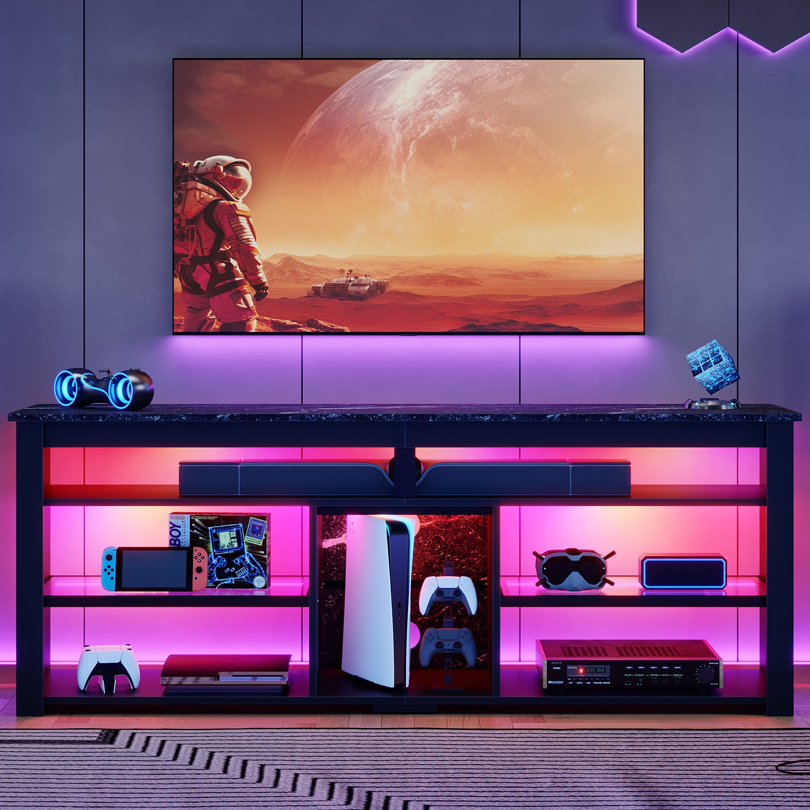 Bestier 63" Tall TV Stand with LED Lights, Entertainment Center for TV up to 70 inch, TV Console with Storage & Adjustable Shelves in Black Marble