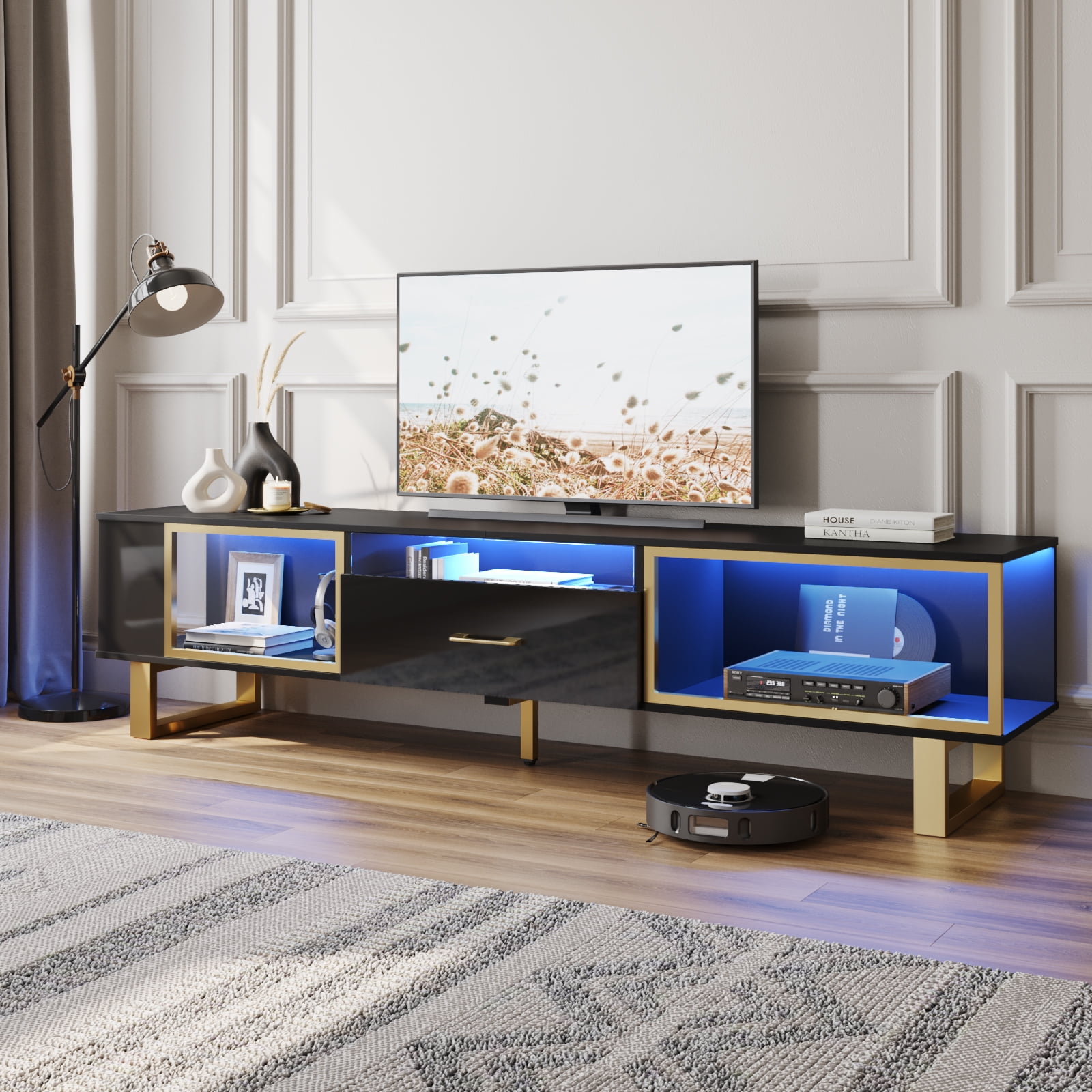 Bestier 70 Inch LED TV Stand for 75 Inch tv, High Gloss Modern Entertainment Center with Drawer & Storage , Black & Gold