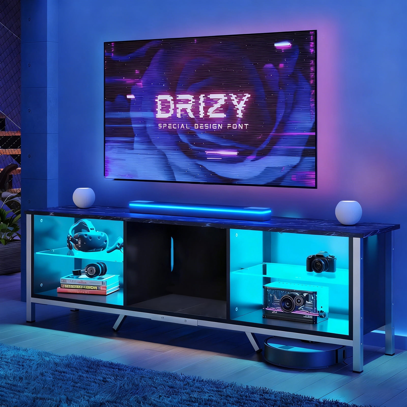 Bestier 70" TV Stand for TVs up to 80" with LED Lights Modern Gaming Entertainment Center, Black Marble