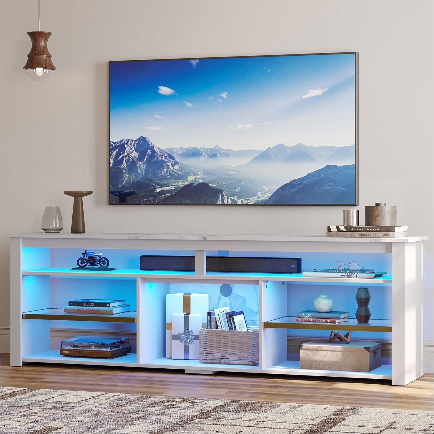 Bestier 70" TV Stand for 75" TV with LED Light Modern Tall Entertainment Center with Shelves for PS5, White Marble