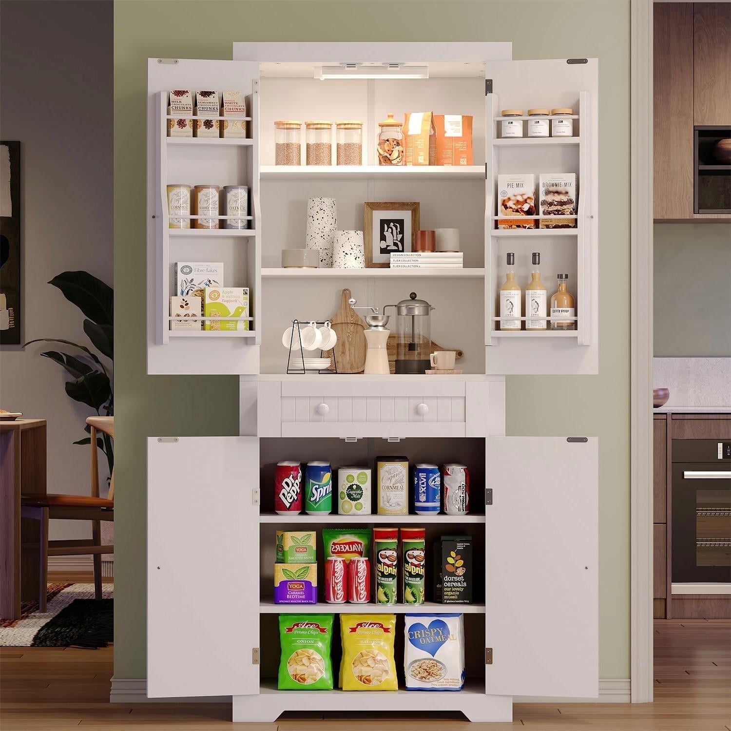 Bestier 72" Tall Kitchen Pantry Storage Cabinet with Doors and Shelves, Food Pantry Cabinet with Motion Sensor Light, White