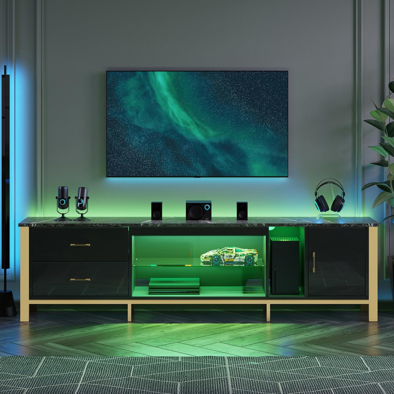 Bestier 80" Modern TV Stand LED Entertainment Center High Gloss Console Table for TVs up to 85" with Storage Cabinet and Drawers, Black