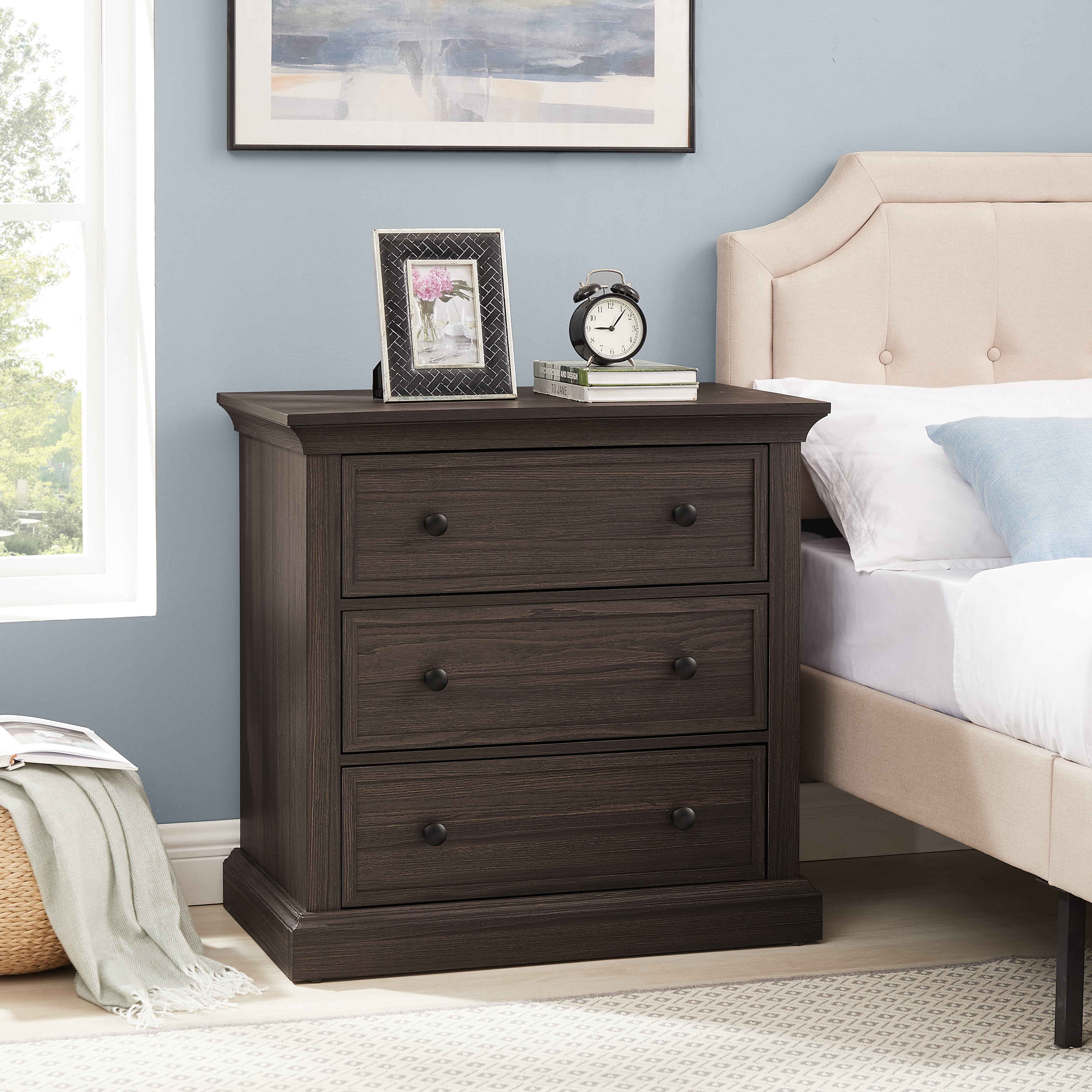 Better Homes & Gardens Canton 3-Drawer Nightstand with USB Port for Bed Room, Tobacco Oak Finish