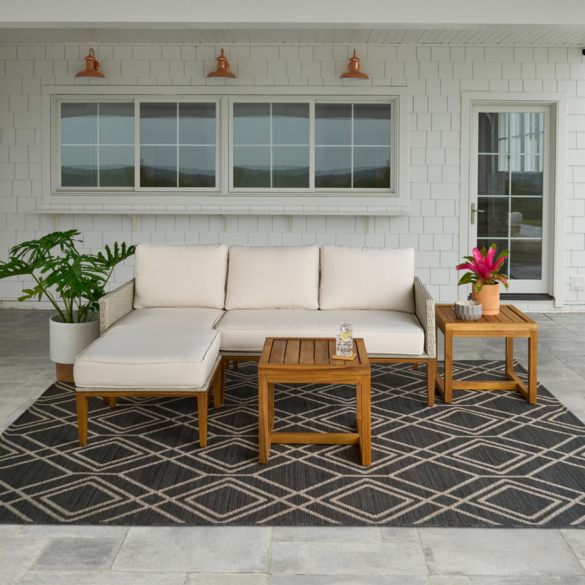 Better Homes & Gardens Davenport Sofa Lounger with Two Acacia Wood Table with Cushions - White