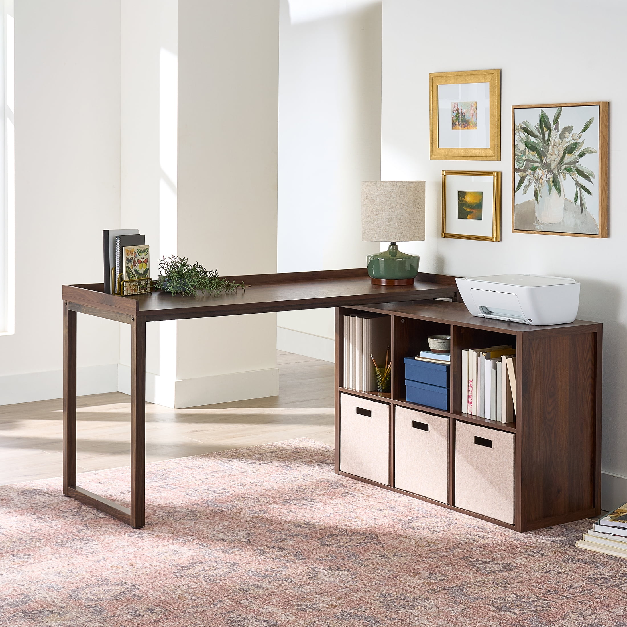 Better Homes & Gardens Ezra Modular L Desk with 6-Cube Storage, Walnut Finish