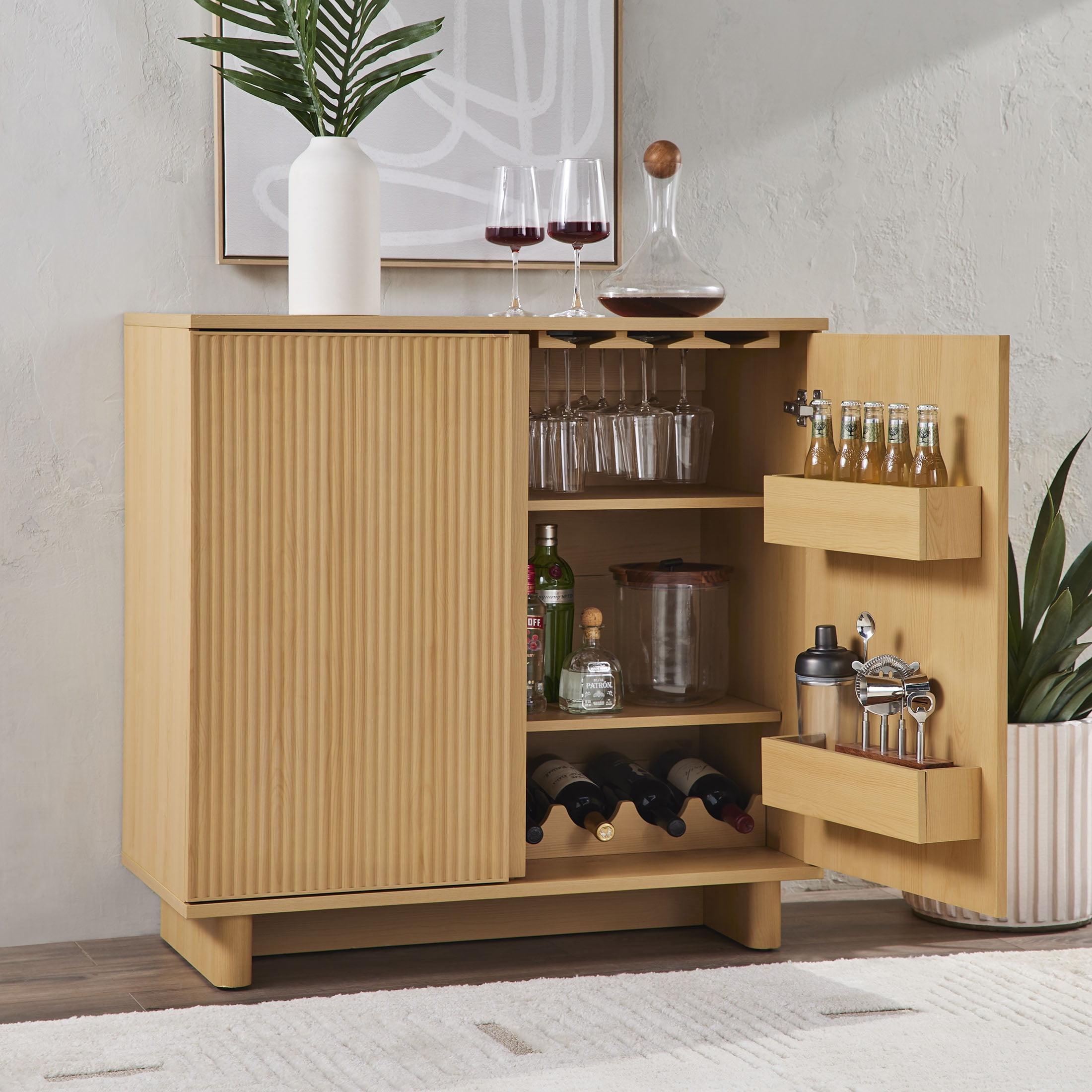 Better Homes & Gardens Lillian Fluted Bar Cabinet, Natural Pine Finish
